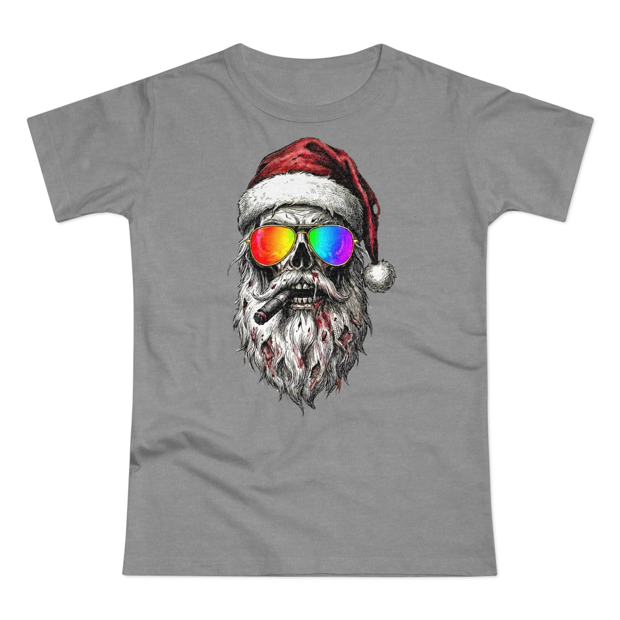 Pilot-Santa: Frontprint, Womens' T-Shirt, Skull T-Shirt — Cool Christmas Skull Tee with Rainbow Sunglasses