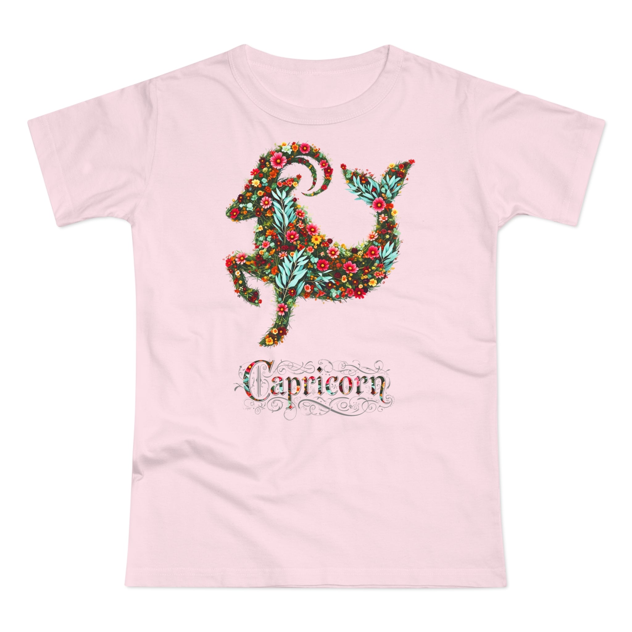 Steinbock: Frontprint, Womens' T-Shirt, florales Sternzeichen, Zodiac Astrologie (Capricorn)