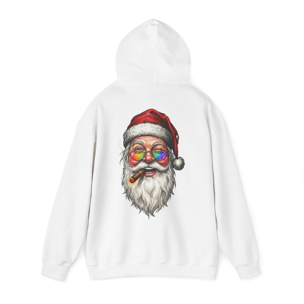 Friendly-Santa: Backprint, Unisex Hoodie, Rainbow Glasses Hoodie – Colorful Retro Christmas Sweatshirt