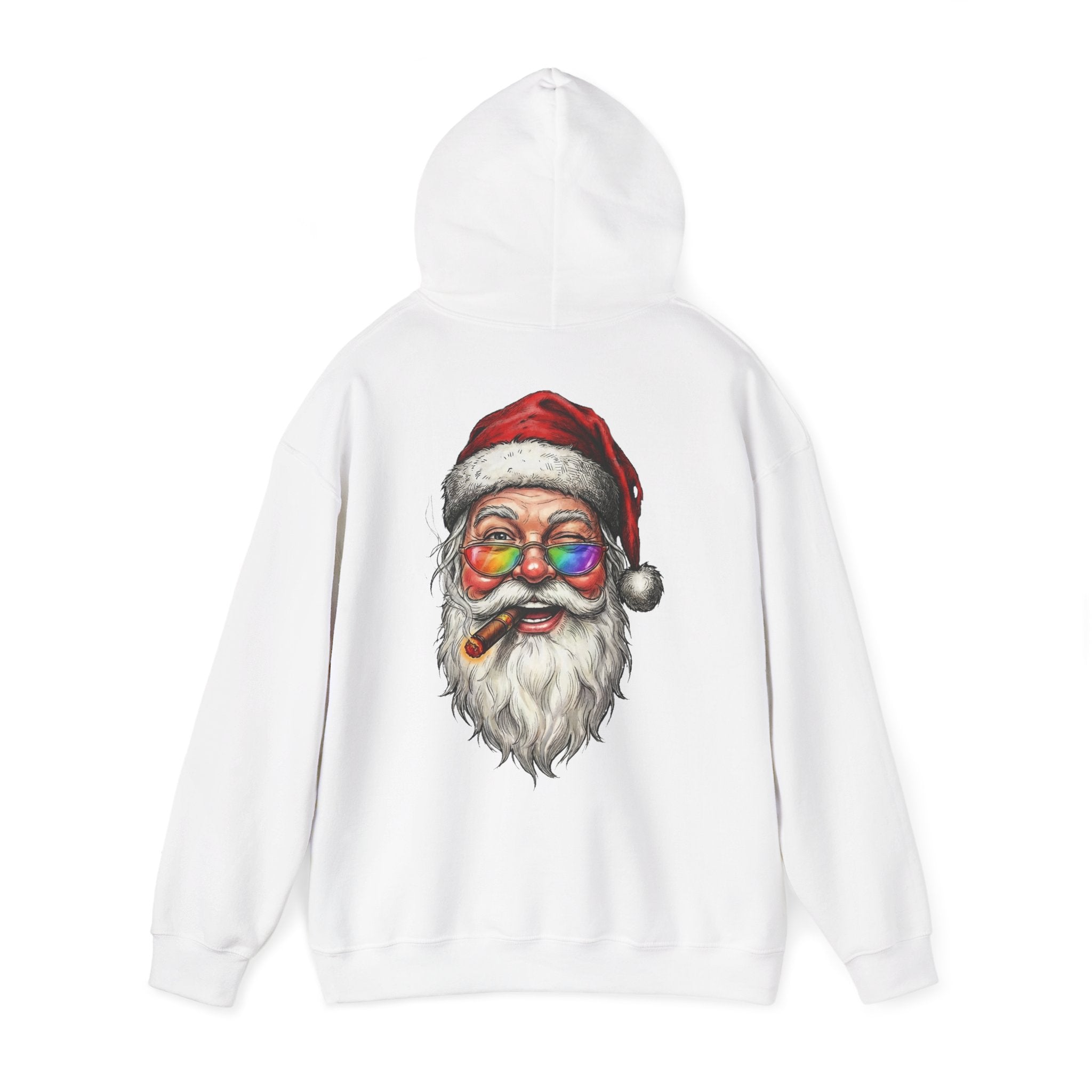 Friendly-Santa: Backprint, Unisex Hoodie, Rainbow Glasses Hoodie – Colorful Retro Christmas Sweatshirt