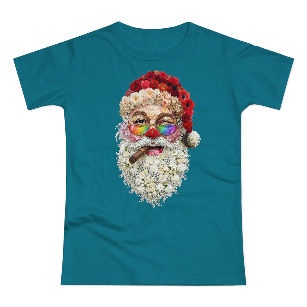 Blumen-Santa: Frontprint, Womens' T-Shirt, Rainbow Glasses & Cigar Holiday T-Shirt