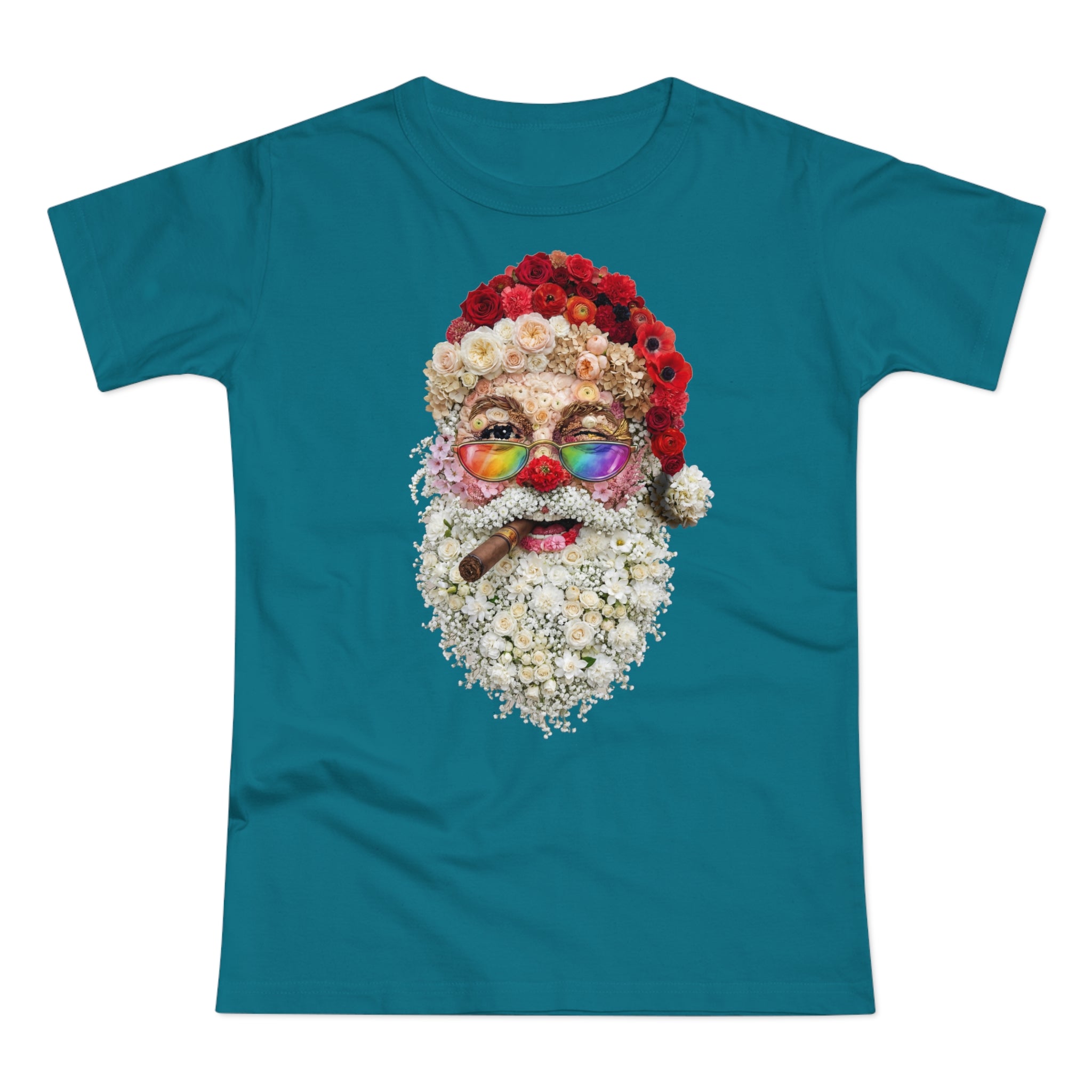 Blumen-Santa: Frontprint, Womens' T-Shirt, Rainbow Glasses & Cigar Holiday T-Shirt
