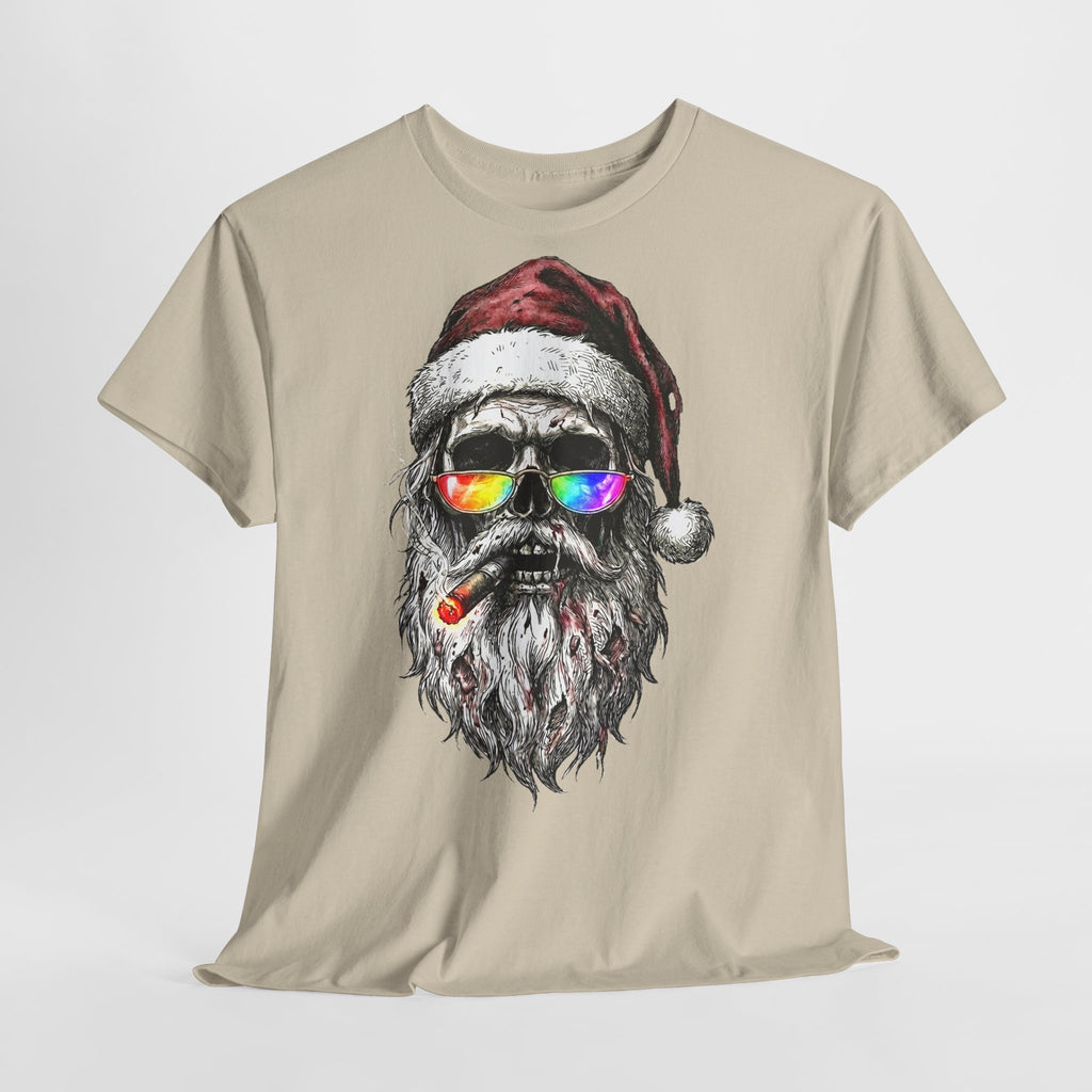 Dark-Santa: Frontprint, Unisex T-Shirt, Skull Graphic Tee Cool Santa with Rainbow Shades & Cigar, Holiday Christmas Shirt