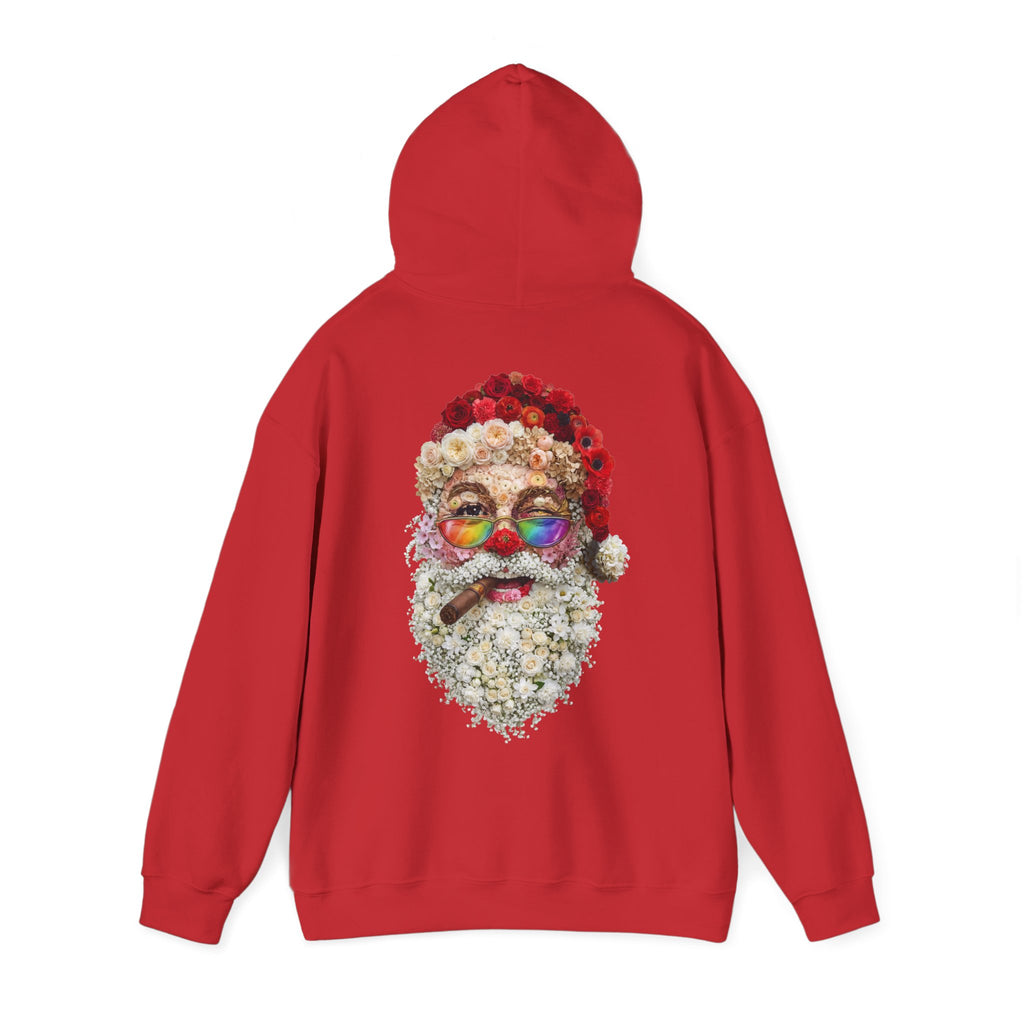 Blumen-Santa: Backprint, Unisex Hoodie, Rainbow Glasses Christmas X-Mas Floral