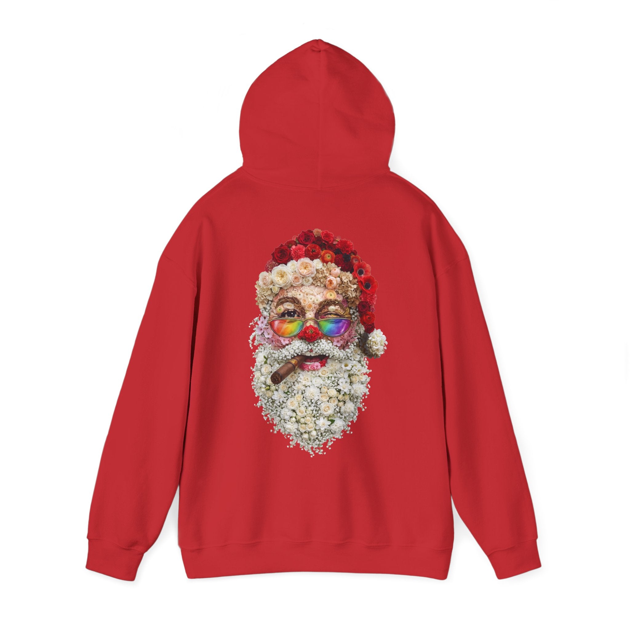 Blumen-Santa: Backprint, Unisex Hoodie, Rainbow Glasses Christmas X-Mas Floral