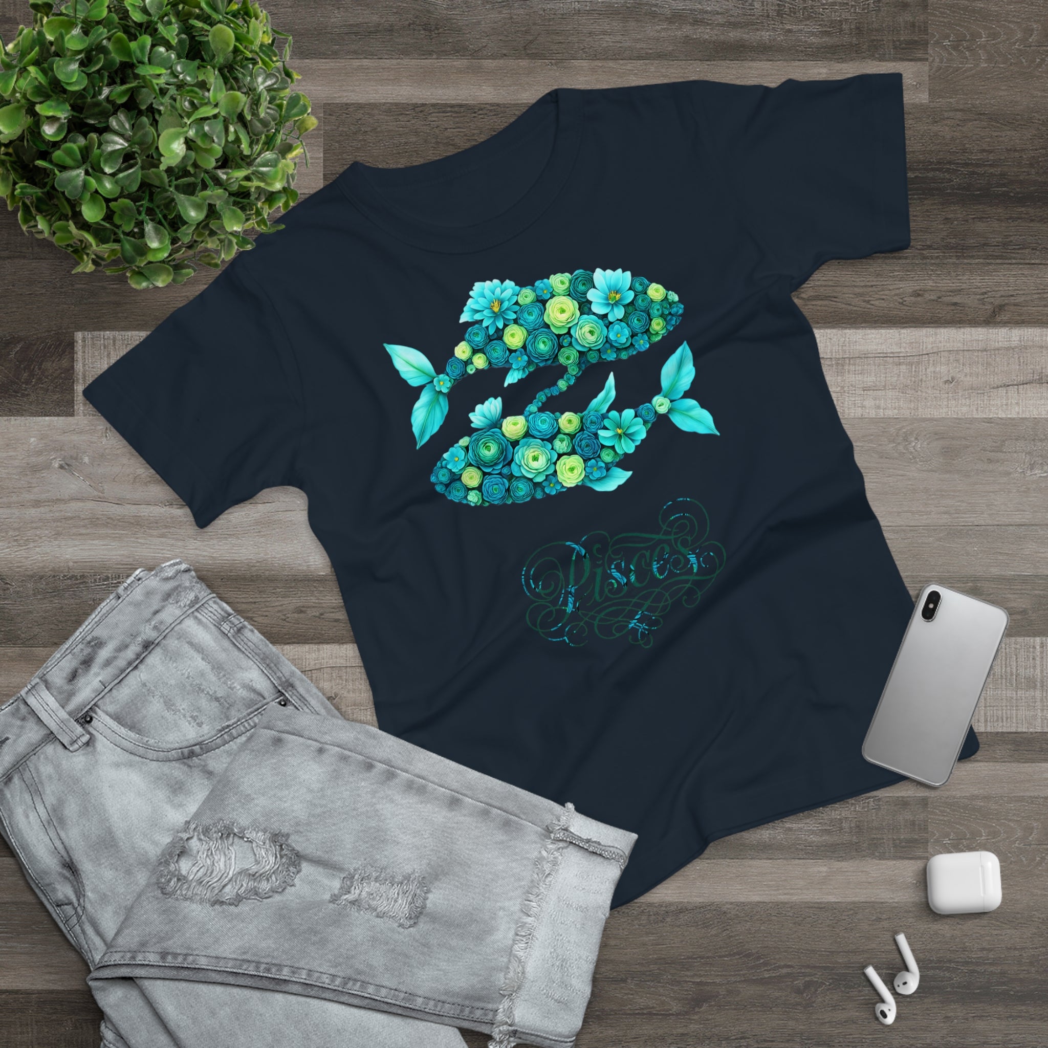 Fische: Frontprint, Womens' T-Shirt, florales Sternzeichen, Zodiac Astrologie (Pisces)