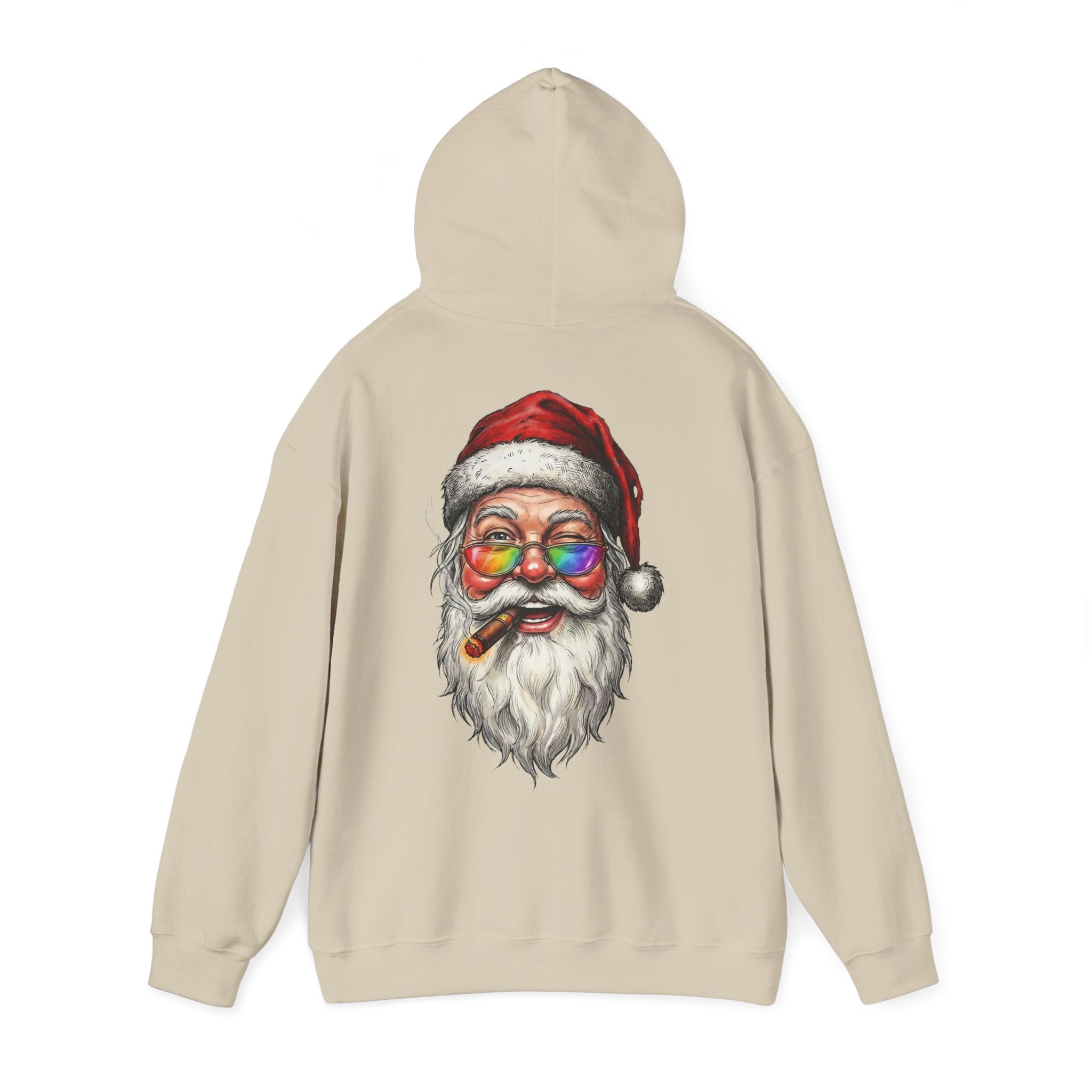 Friendly-Santa: Backprint, Unisex Hoodie, Rainbow Glasses Hoodie – Colorful Retro Christmas Sweatshirt