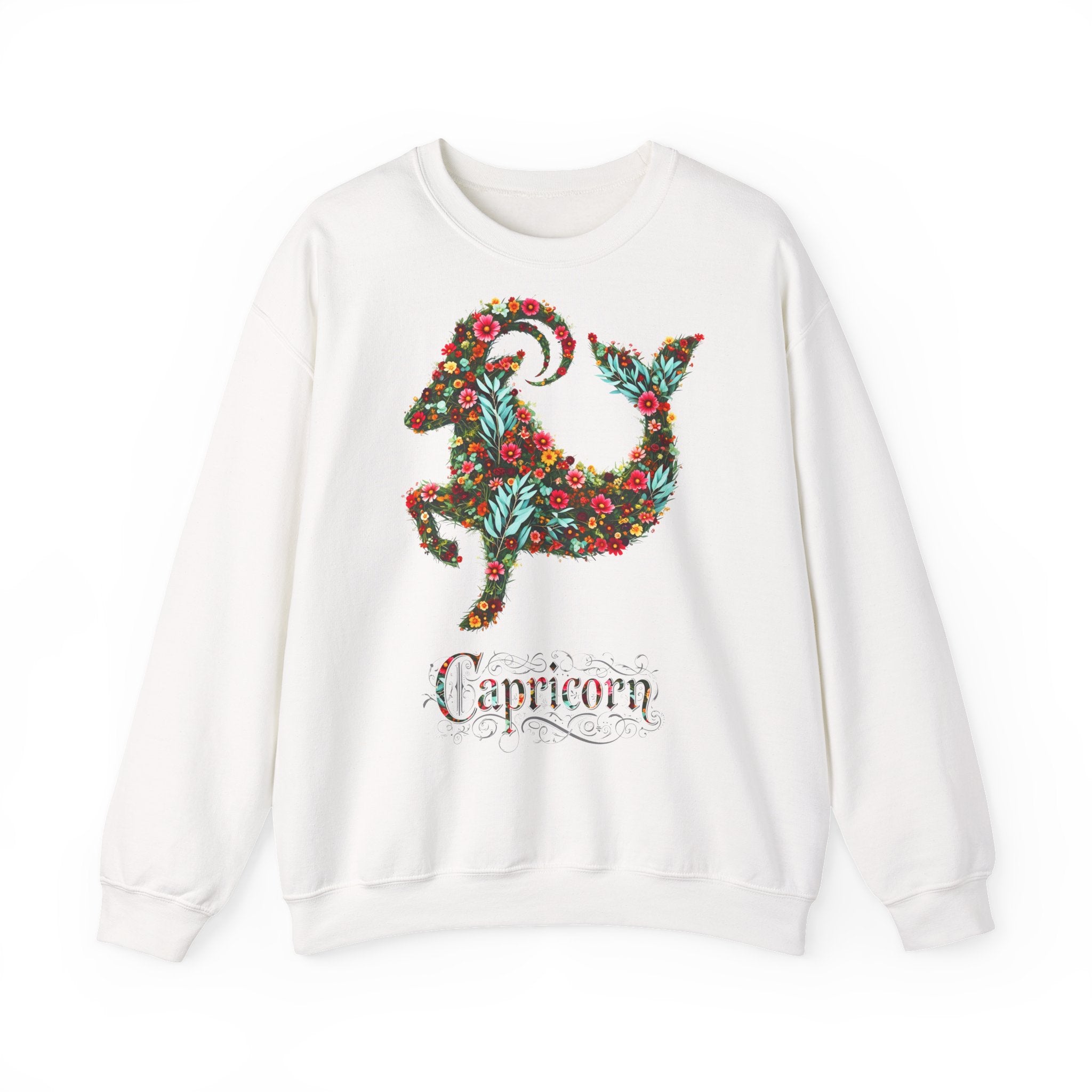 Steinbock: Frontprint, Unisex Sweatshirt, florales Sternzeichen, Zodiac Astrologie (Capricorn)