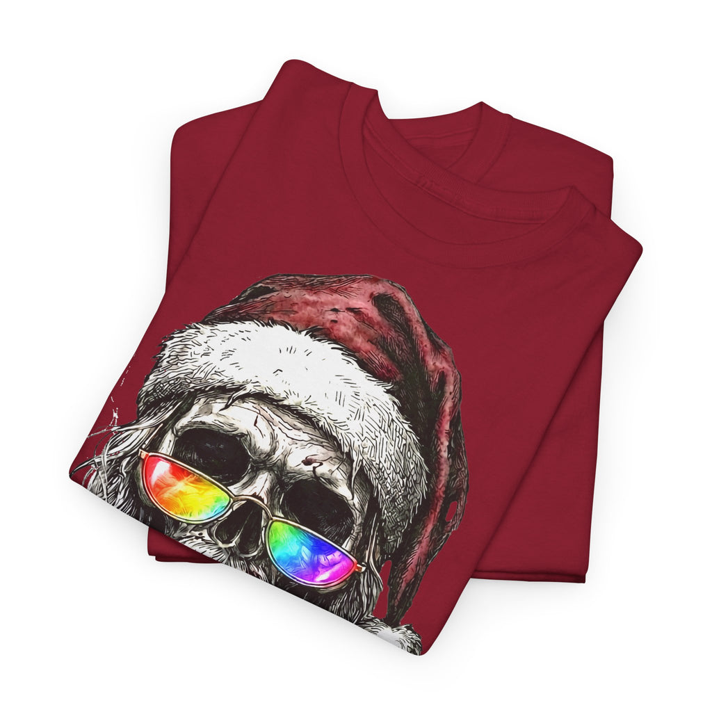 Dark-Santa: Frontprint, Unisex T-Shirt, Skull Graphic Tee Cool Santa with Rainbow Shades & Cigar, Holiday Christmas Shirt