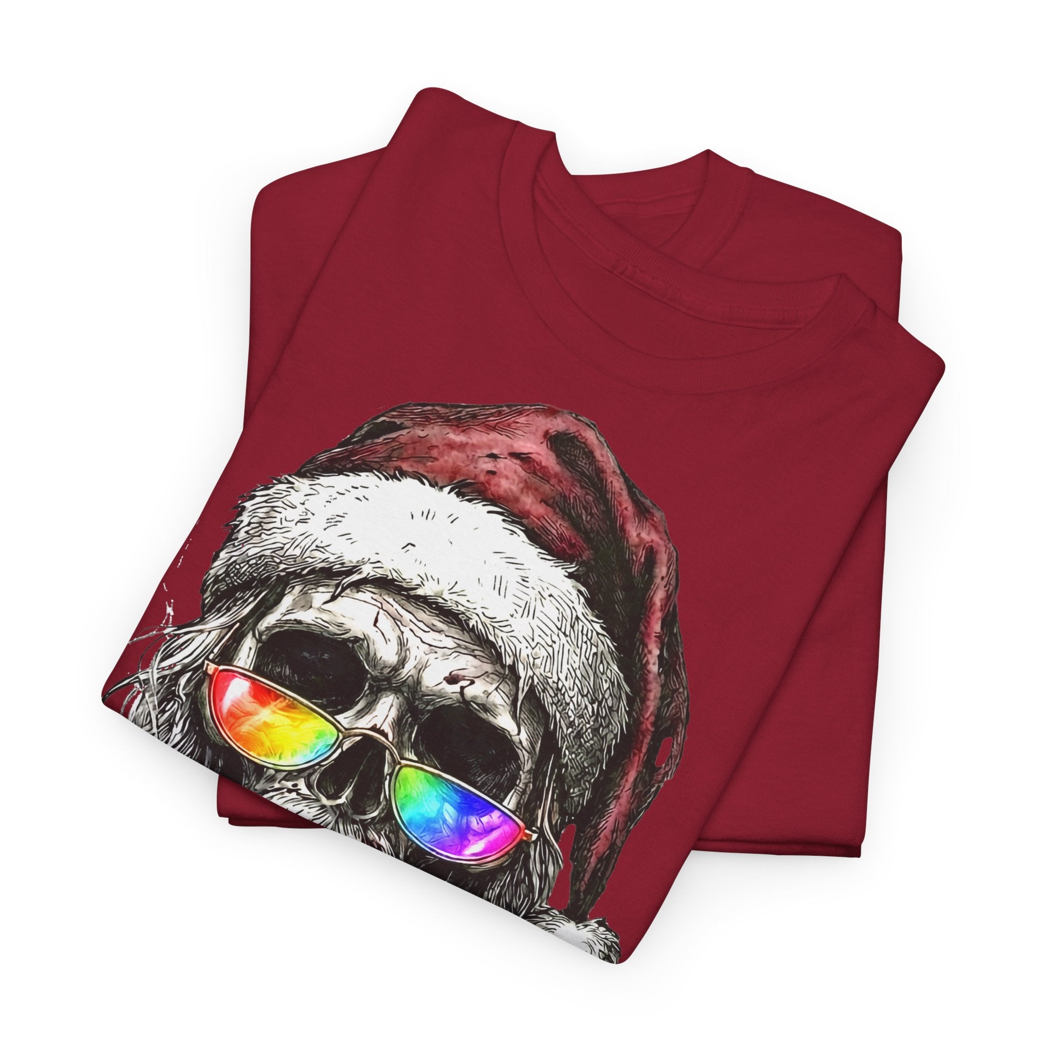Dark-Santa: Frontprint, Unisex T-Shirt, Skull Graphic Tee Cool Santa with Rainbow Shades & Cigar, Holiday Christmas Shirt