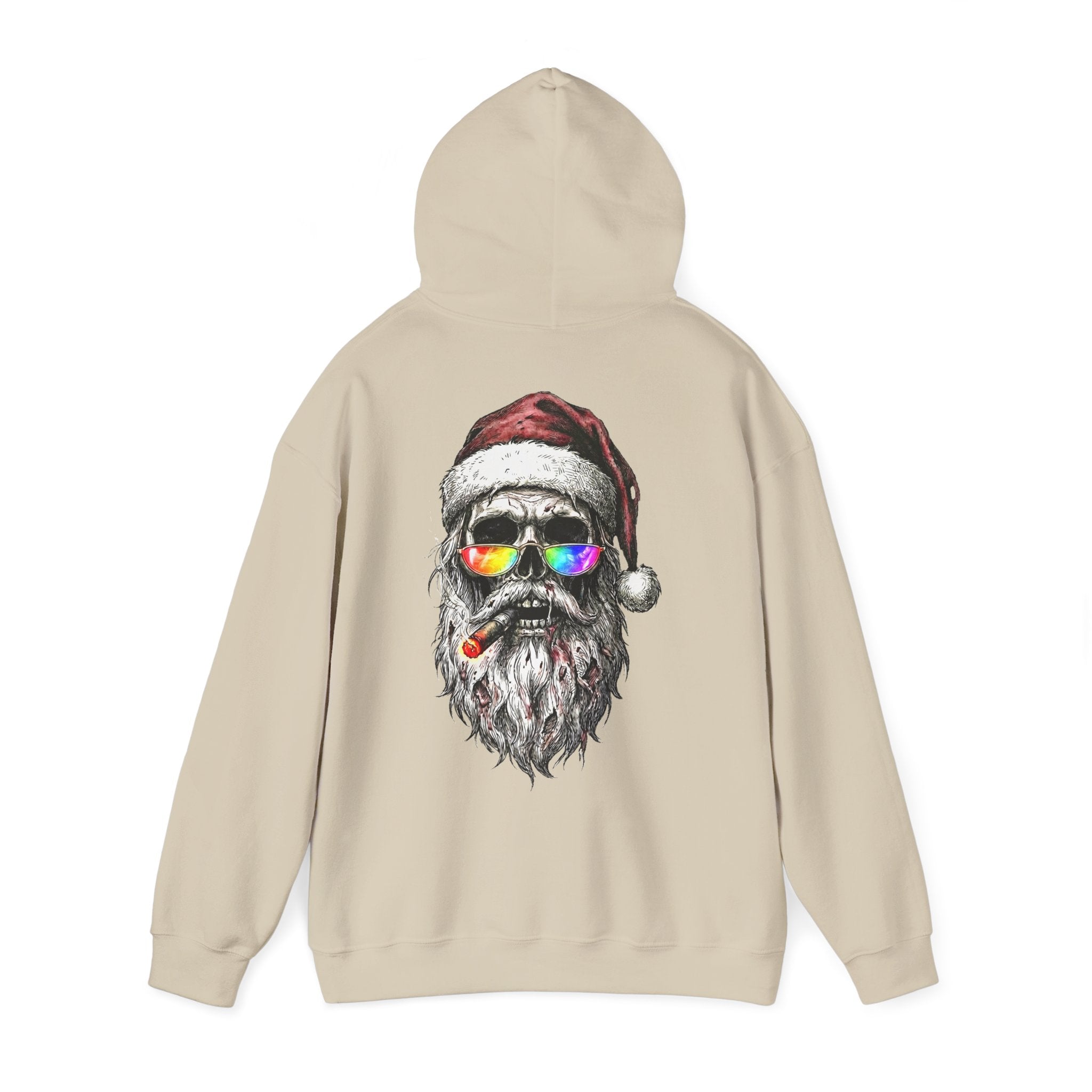 Dark-Santa: Backprint, Unisex Hoodie, Skull Cool Santa with Rainbow Sunglasses Christmas Sweatshirt