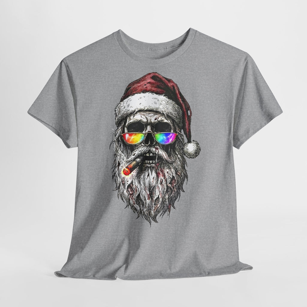Dark-Santa: Frontprint, Unisex T-Shirt, Skull Graphic Tee Cool Santa with Rainbow Shades & Cigar, Holiday Christmas Shirt
