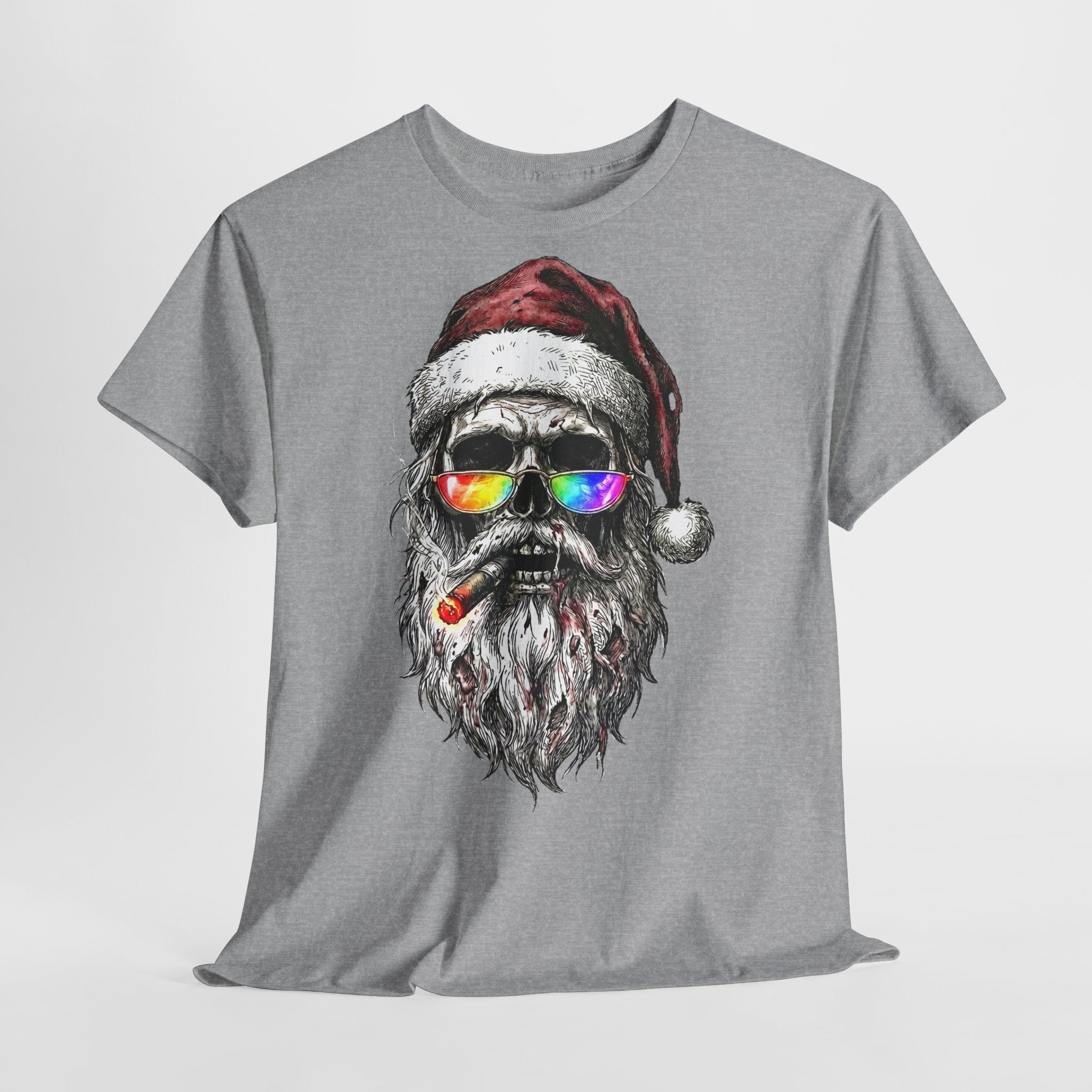 Dark-Santa: Frontprint, Unisex T-Shirt, Skull Graphic Tee Cool Santa with Rainbow Shades & Cigar, Holiday Christmas Shirt