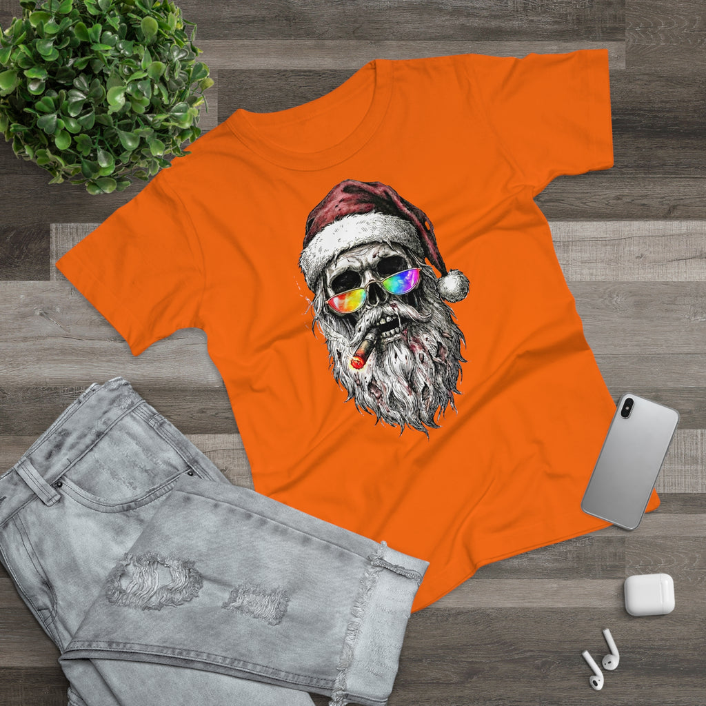 Dark-Santa: Frontprint, Womens' T-Shirt, Skull Retro Sunglasses & Cigar Holiday Tee