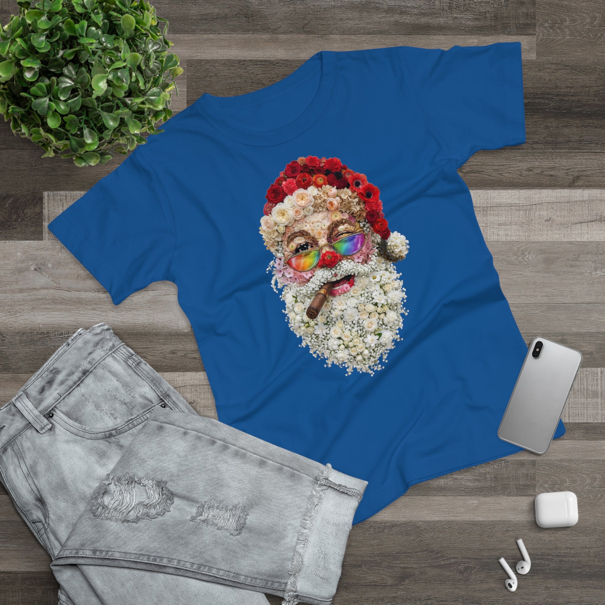 Blumen-Santa: Frontprint, Womens' T-Shirt, Rainbow Glasses & Cigar Holiday T-Shirt