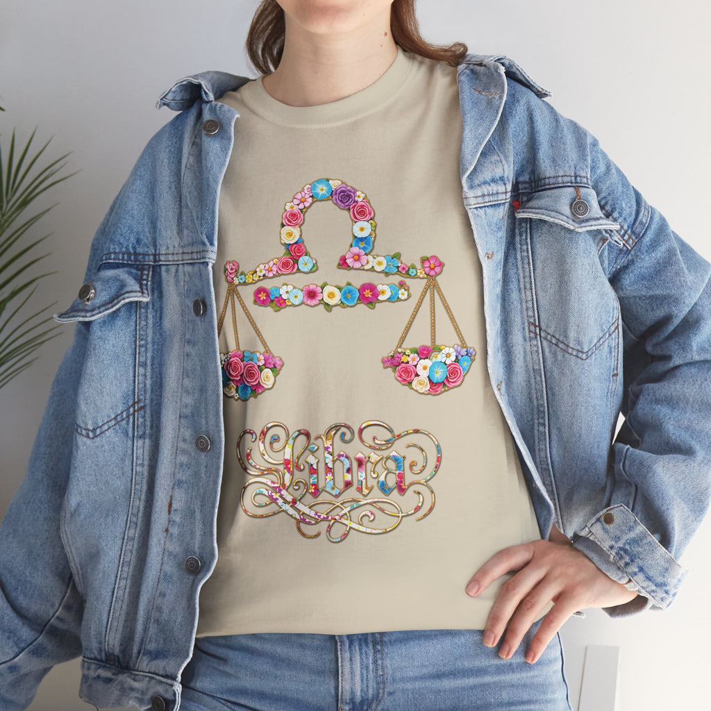Libra Floral Zodiac Tee - Unisex Heavy Cotton Shirt, Astrology Gift, Horoscope T-Shirt, Birthday Present, Libra Season Apparel