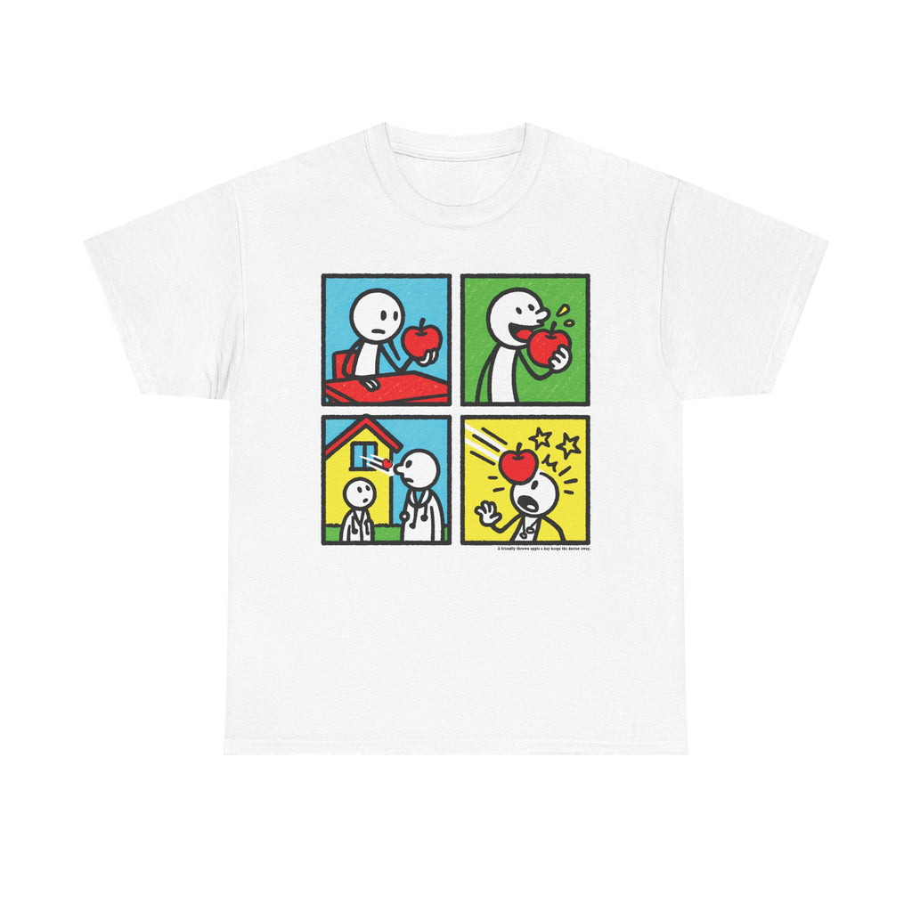 Proverb - A friendly thrown apple keeps doctor away, Funny Graphic Unisex Heavy Cotton Tee, Cute Gift for Friends, Heart Theme T-Shirt, Casual Wear, Gift for Birthdays, Celebrate Love