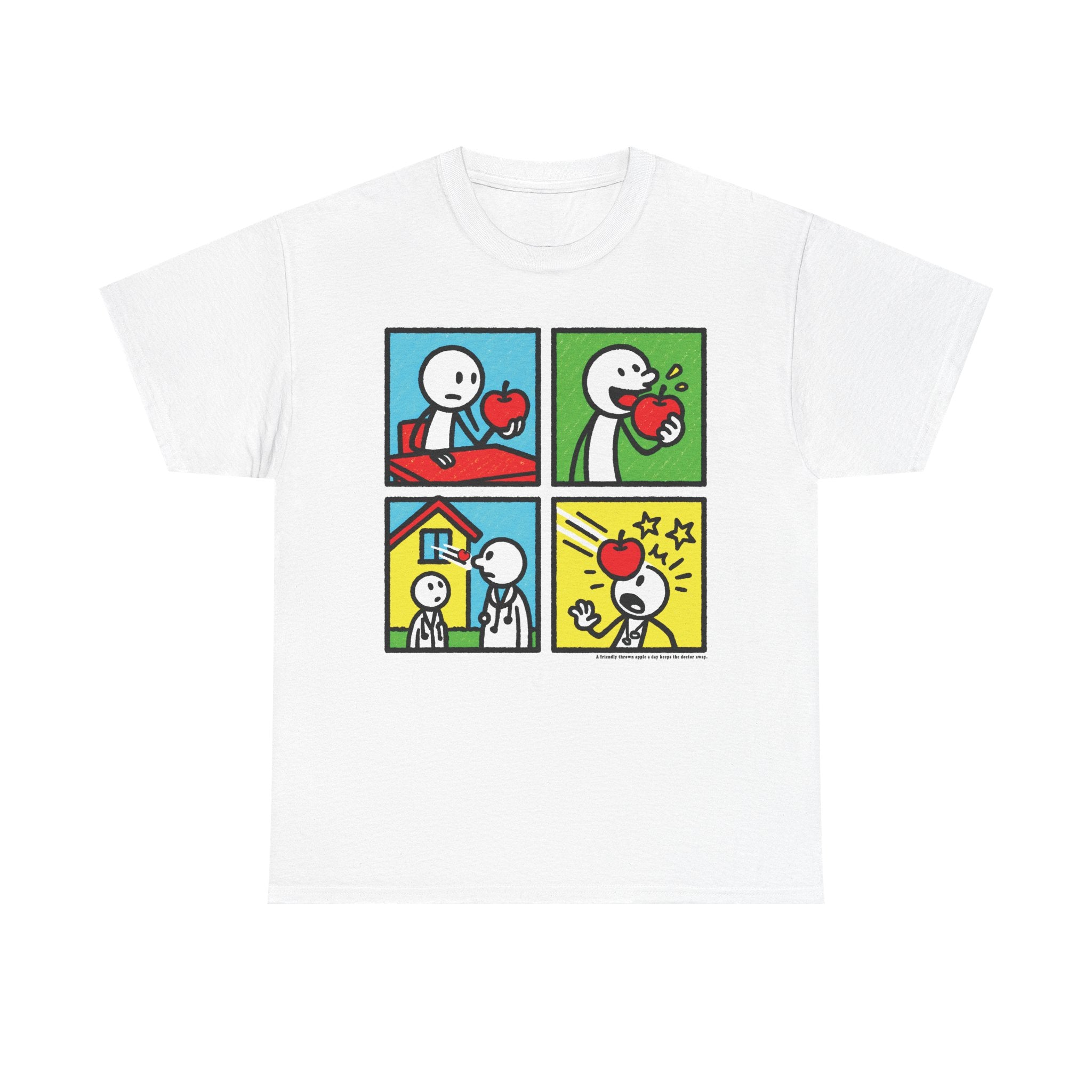 Proverb - A friendly thrown apple keeps doctor away, Funny Graphic Unisex Heavy Cotton Tee, Cute Gift for Friends, Heart Theme T-Shirt, Casual Wear, Gift for Birthdays, Celebrate Love