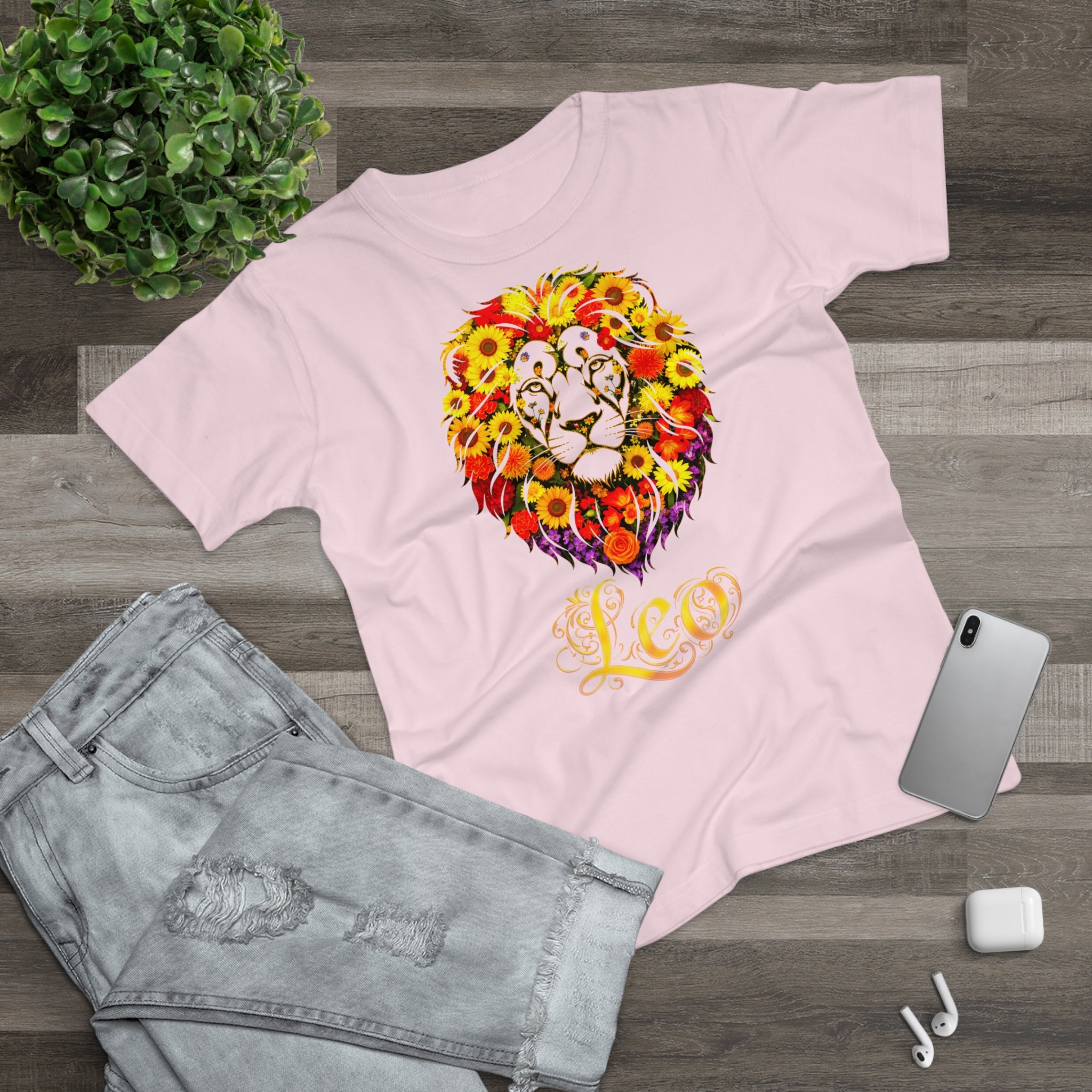 Löwe: Frontprint, Womens' T-Shirt, florales Sternzeichen, Zodiac Astrologie (Leo)