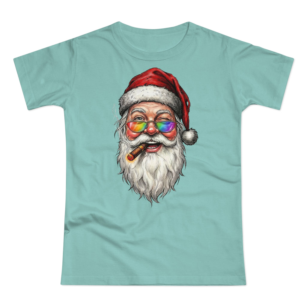 Friendly-Santa: Frontprint, Womens' T-Shirt, Colorful Glasses & Cigar Christmas Tee