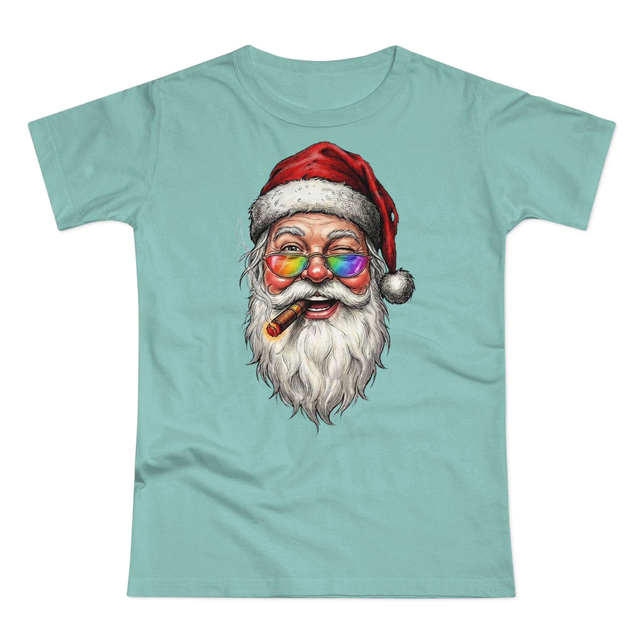 Friendly-Santa: Frontprint, Womens' T-Shirt, Colorful Glasses & Cigar Christmas Tee