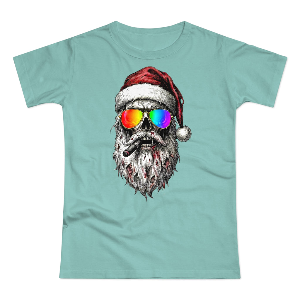 Pilot-Santa: Frontprint, Womens' T-Shirt, Skull T-Shirt — Cool Christmas Skull Tee with Rainbow Sunglasses