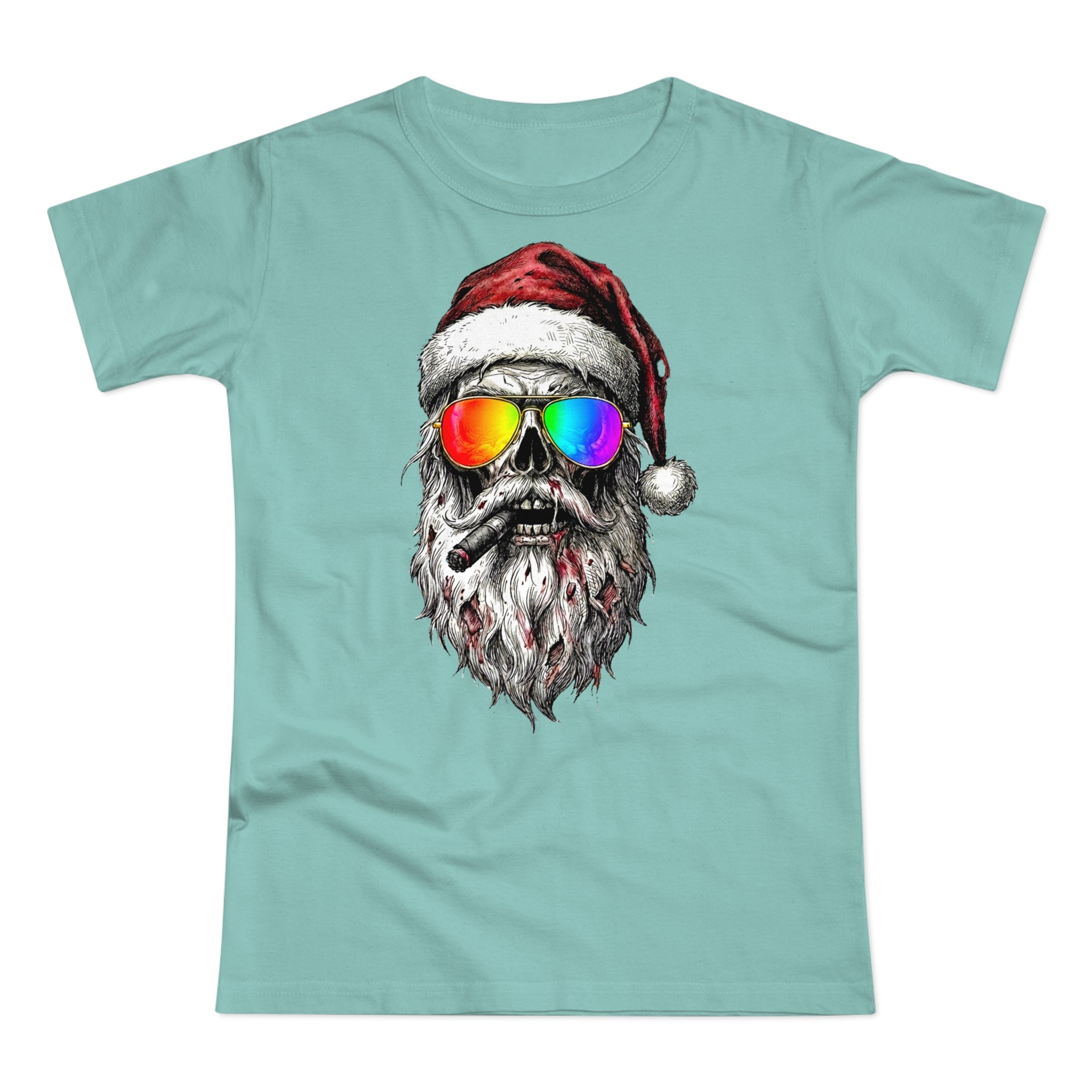 Pilot-Santa: Frontprint, Womens' T-Shirt, Skull T-Shirt — Cool Christmas Skull Tee with Rainbow Sunglasses