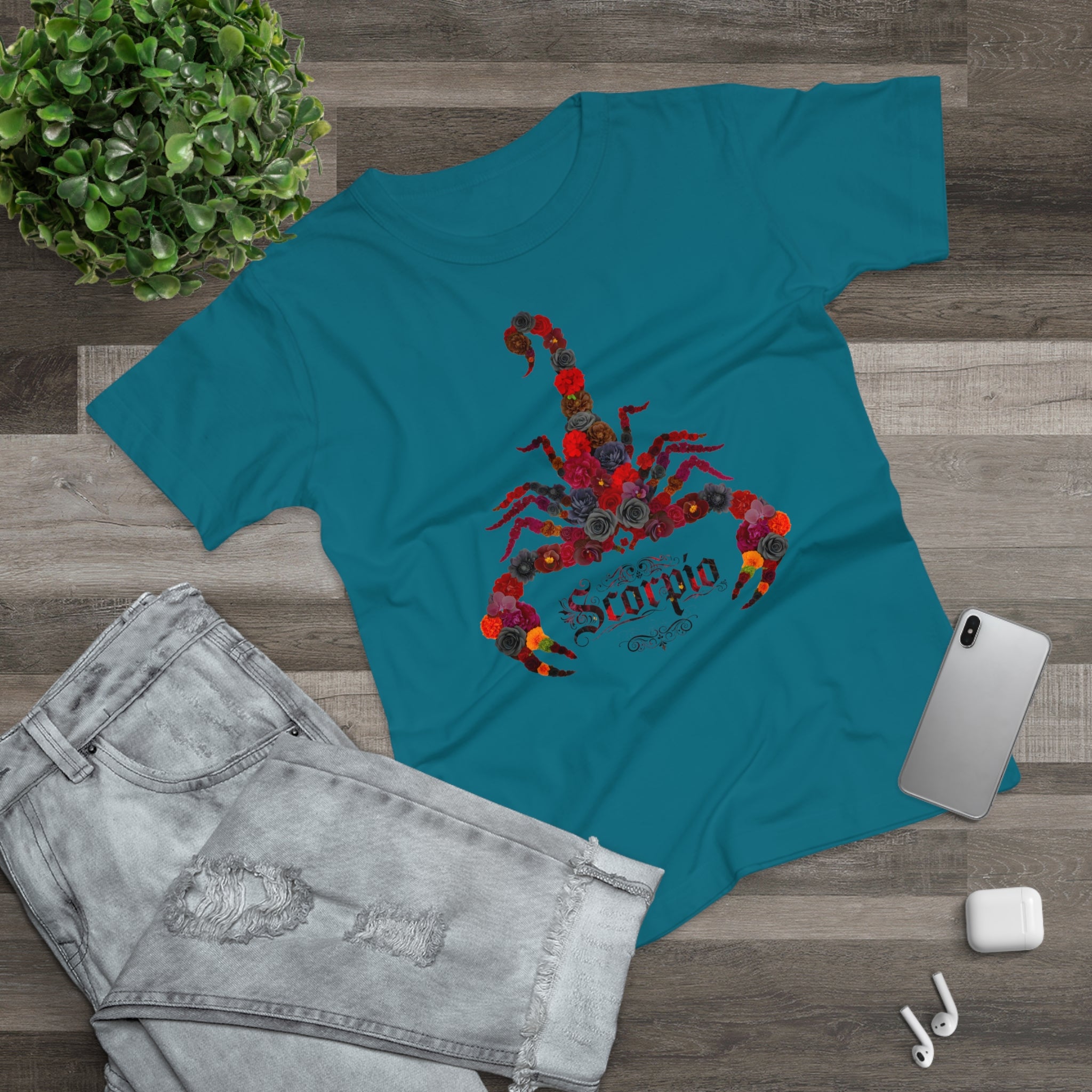 Skorpion: Frontprint, Womens' T-Shirt, florales Sternzeichen, Zodiac Astrologie (Scorpio)
