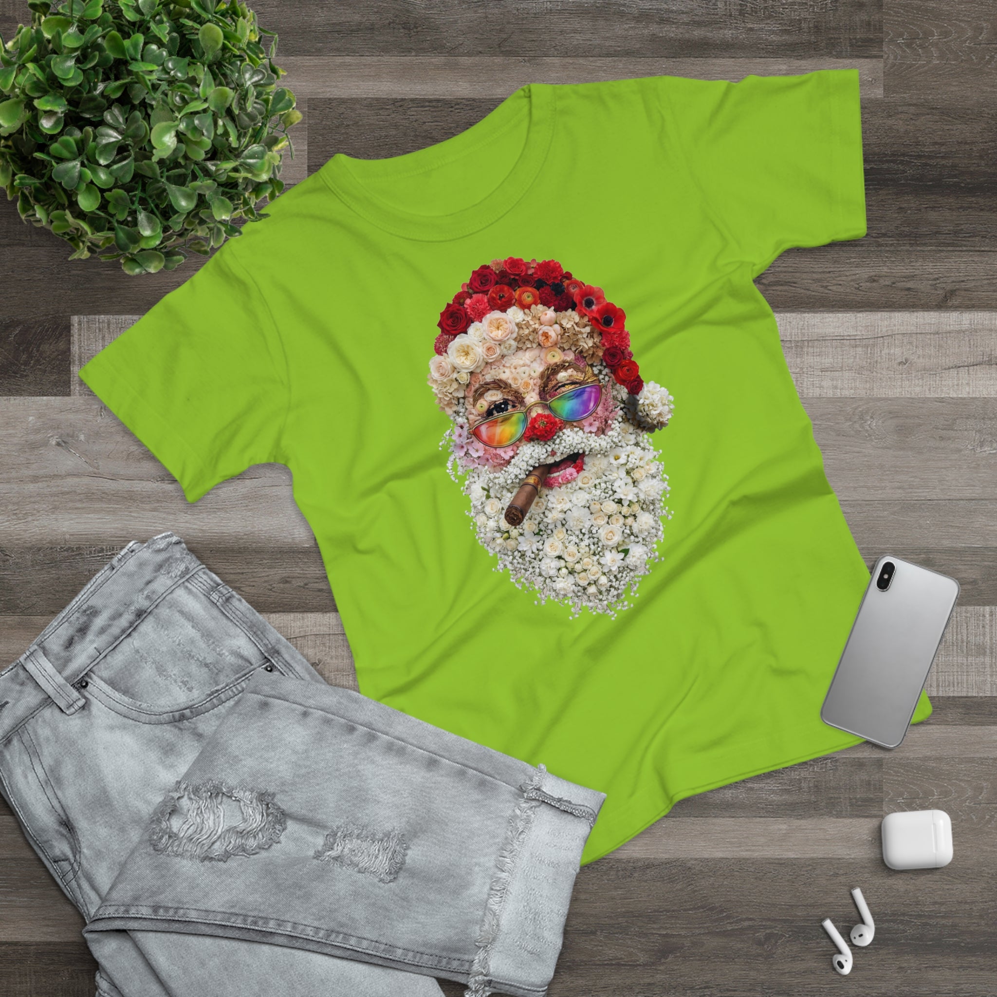 Blumen-Santa: Frontprint, Womens' T-Shirt, Rainbow Glasses & Cigar Holiday T-Shirt