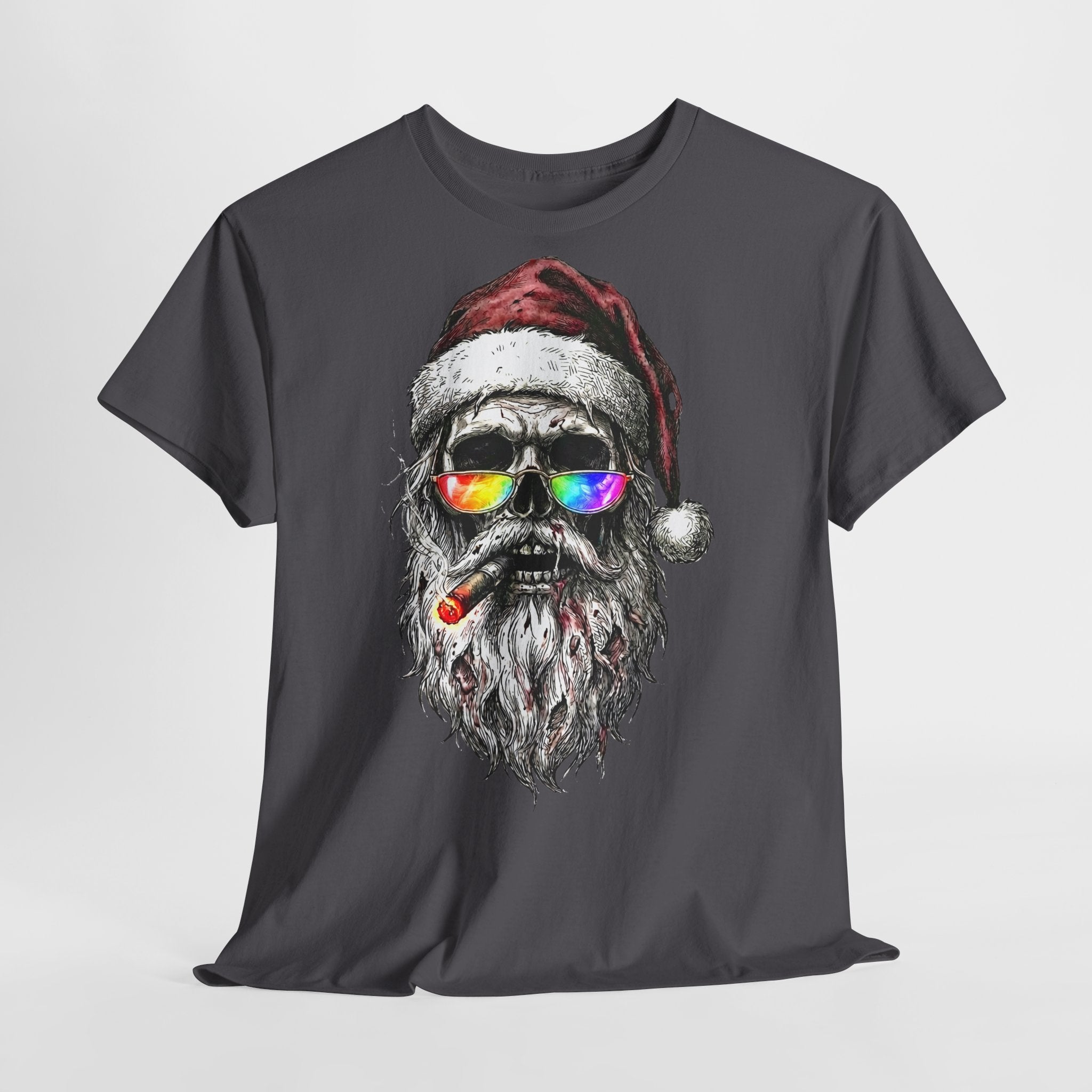 Dark-Santa: Frontprint, Unisex T-Shirt, Skull Graphic Tee Cool Santa with Rainbow Shades & Cigar, Holiday Christmas Shirt