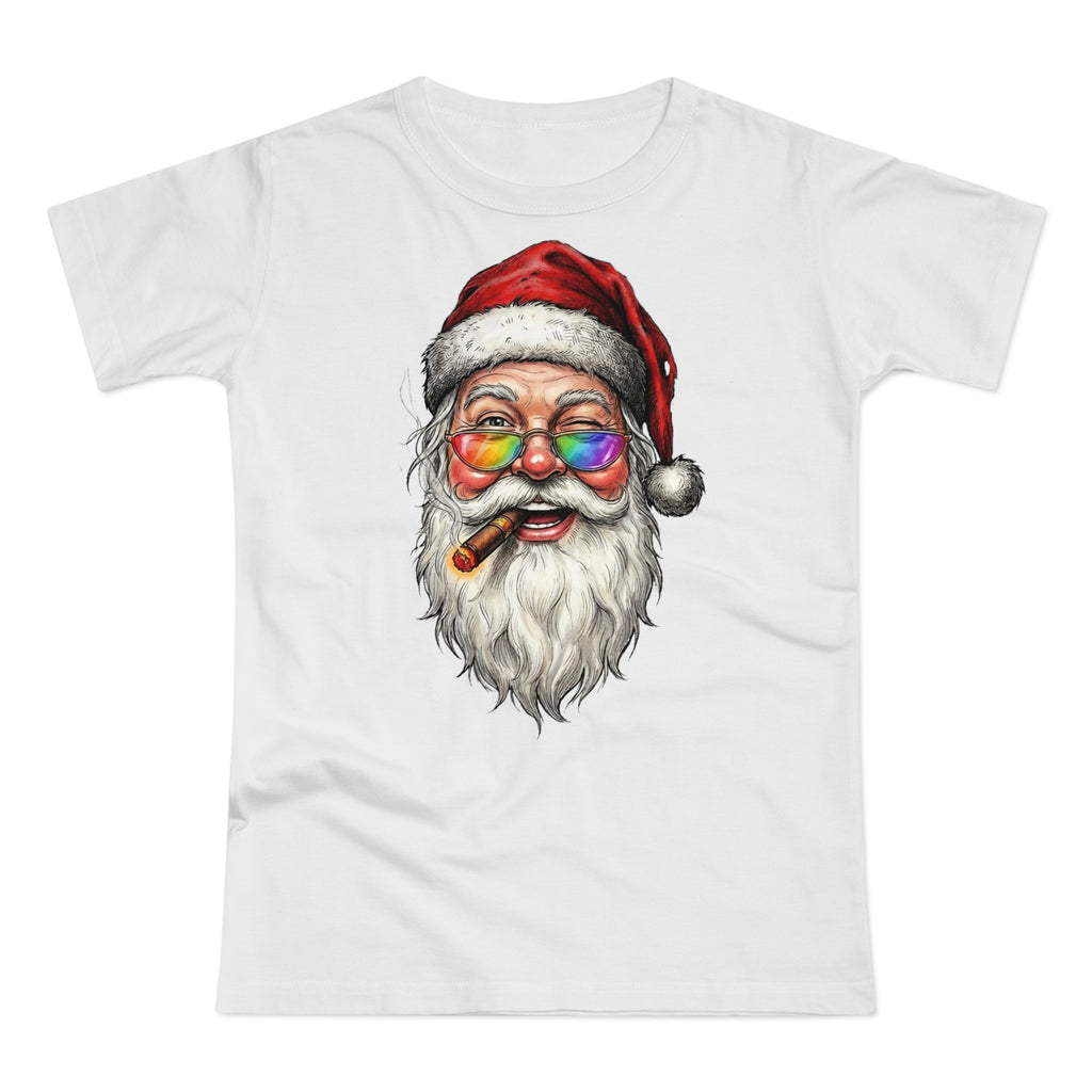 Friendly-Santa: Frontprint, Womens' T-Shirt, Colorful Glasses & Cigar Christmas Tee