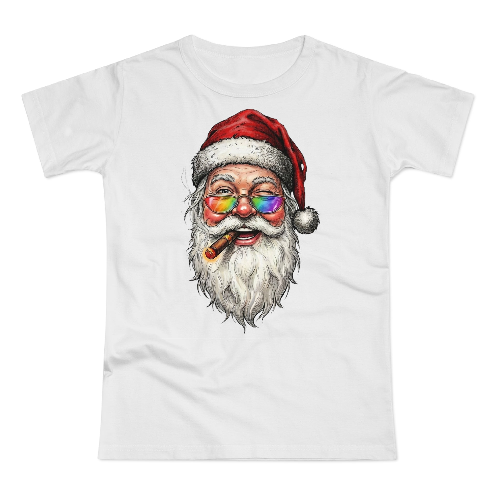 Friendly-Santa: Frontprint, Womens' T-Shirt, Colorful Glasses & Cigar Christmas Tee