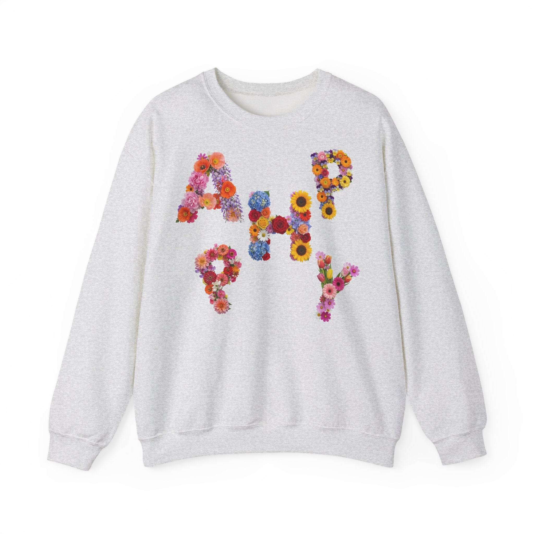 HAPPY, Frontprint, Unisex Sweatshirt. Floral Letter Print (Spring Floral Crew)