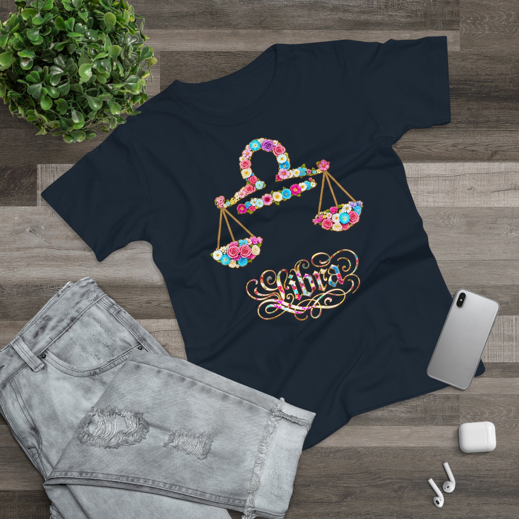 Waage: Frontprint, Womens' T-Shirt, florales Sternzeichen, Zodiac Astrologie (Libra)