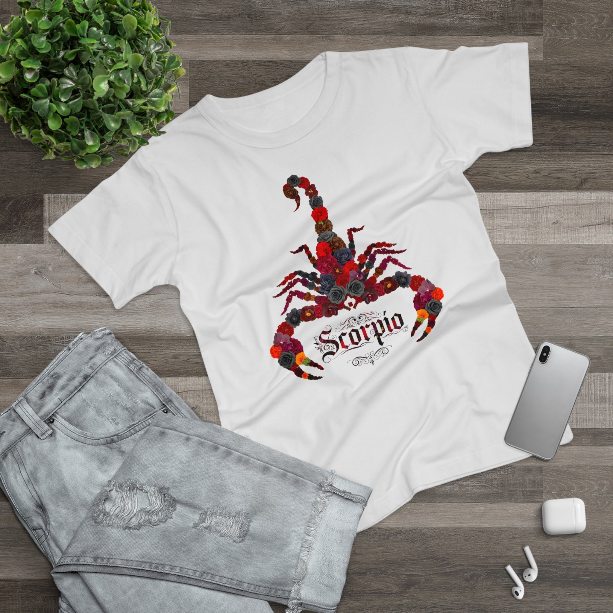 Skorpion: Frontprint, Womens' T-Shirt, florales Sternzeichen, Zodiac Astrologie (Scorpio)