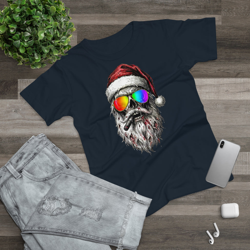 Pilot-Santa: Frontprint, Womens' T-Shirt, Skull T-Shirt — Cool Christmas Skull Tee with Rainbow Sunglasses