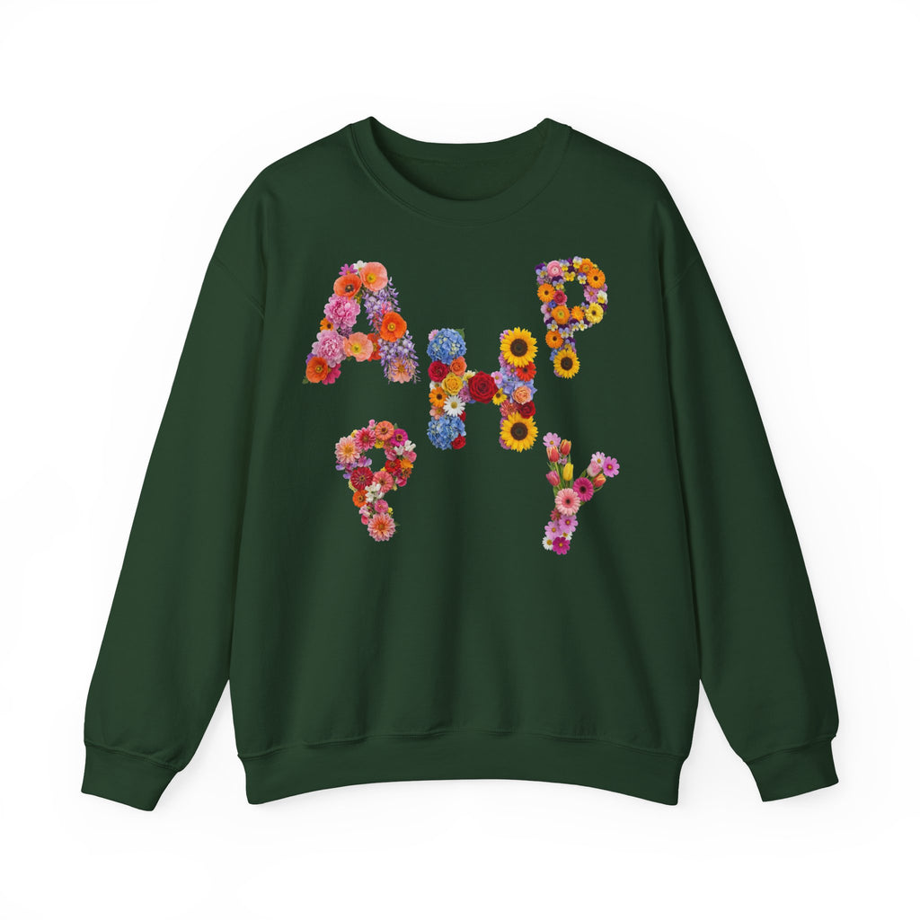 HAPPY, Frontprint, Unisex Sweatshirt. Floral Letter Print (Spring Floral Crew)