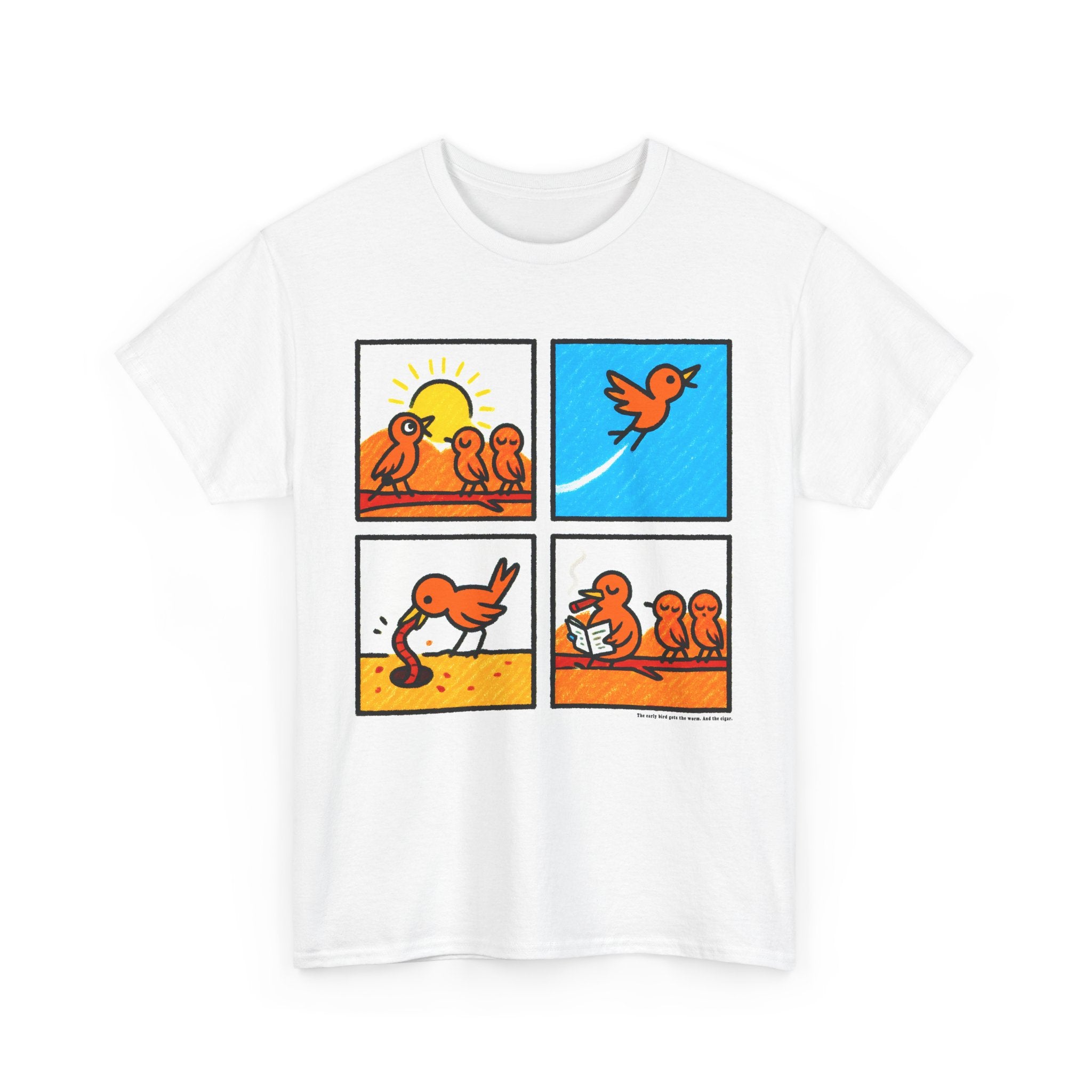 Proverb - Early bird GETS IT ALL, plus Cigar, Sunshine Birds Unisex Heavy Cotton Tee, Graphic Tee, Casual Wear, Gift for Bird Lovers, Funny T-Shirt, Nature Inspired Clothing