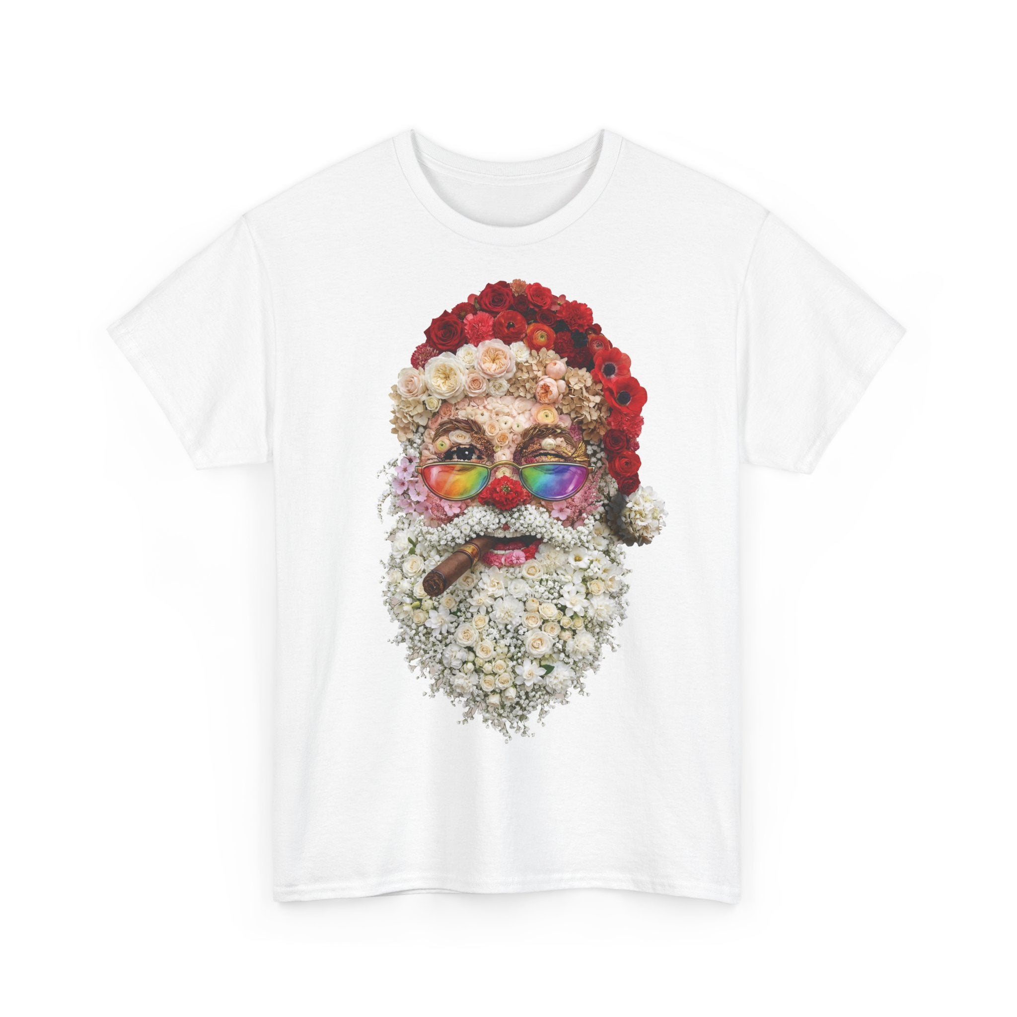 Blumen-Santa: Frontprint, Unisex T-Shirt, Floral Colorful Retro Santa with Cigar Weihnachten