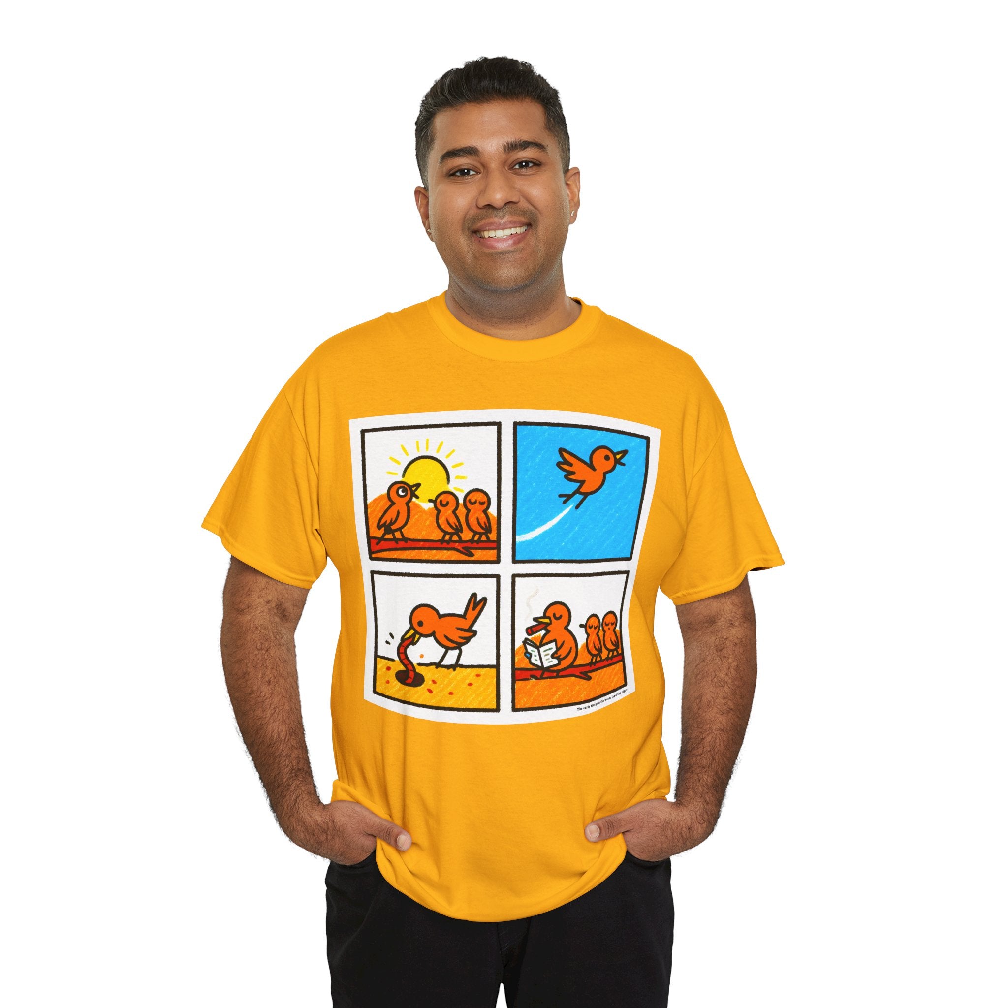 Proverb - Early bird GETS IT ALL, plus Cigar, Sunshine Birds Unisex Heavy Cotton Tee, Graphic Tee, Casual Wear, Gift for Bird Lovers, Funny T-Shirt, Nature Inspired Clothing