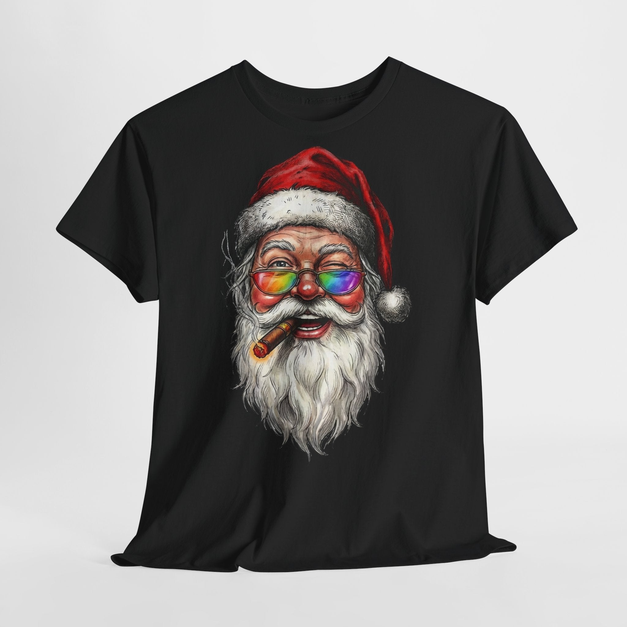 Friendly-Santa: Frontprint, Unisex T-Shirt, Colorful Retro Santa with Cigar Holiday Tee