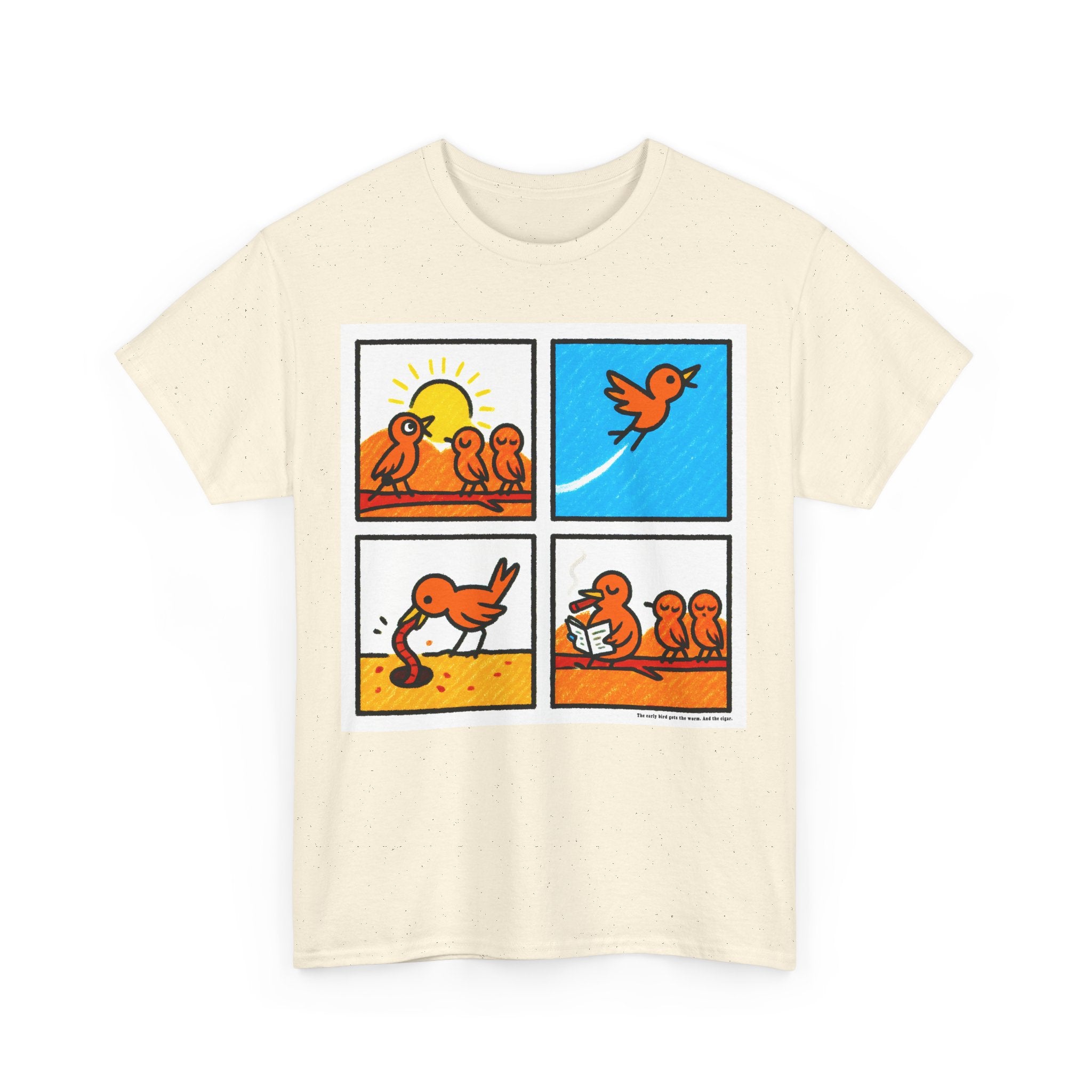 Proverb - Early bird GETS IT ALL, plus Cigar, Sunshine Birds Unisex Heavy Cotton Tee, Graphic Tee, Casual Wear, Gift for Bird Lovers, Funny T-Shirt, Nature Inspired Clothing
