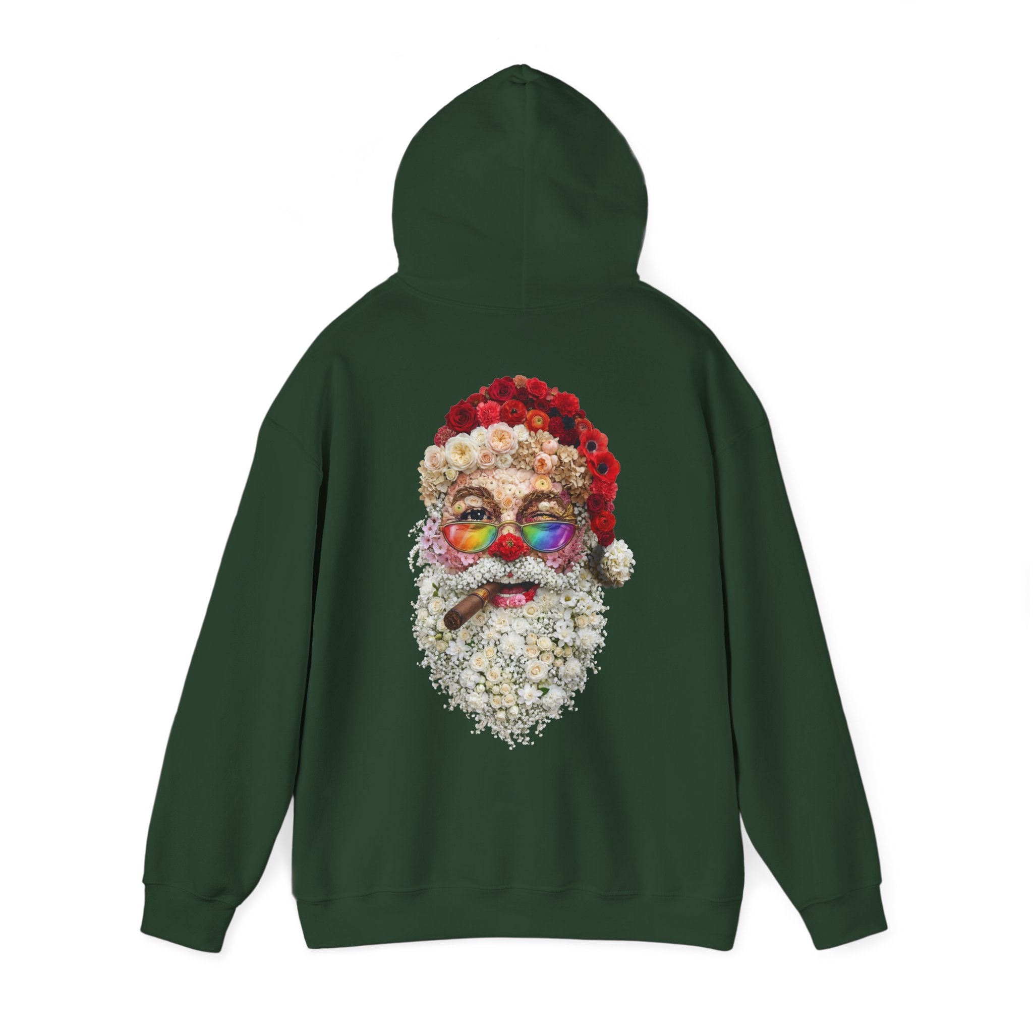 Blumen-Santa: Backprint, Unisex Hoodie, Rainbow Glasses Christmas X-Mas Floral