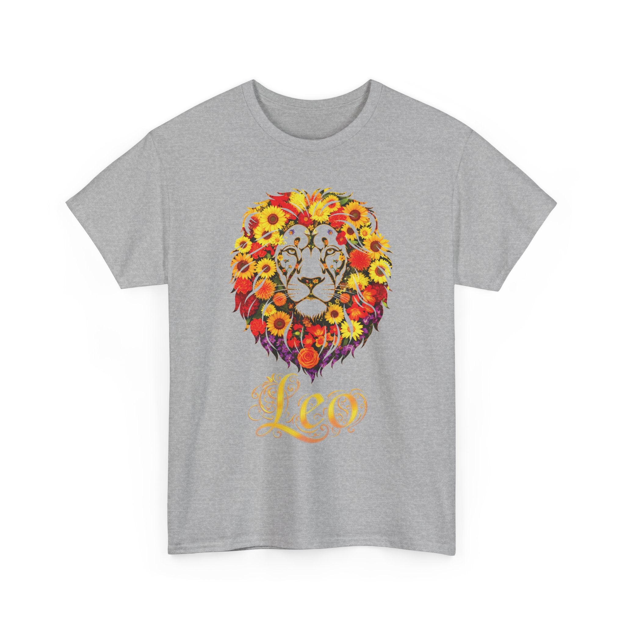 Leo Floral Zodiac Shirt, Unisex Heavy Cotton T-Shirt, Nature Lover Gift, Artistic Apparel, Animal Lover Shirt, Casual Wear