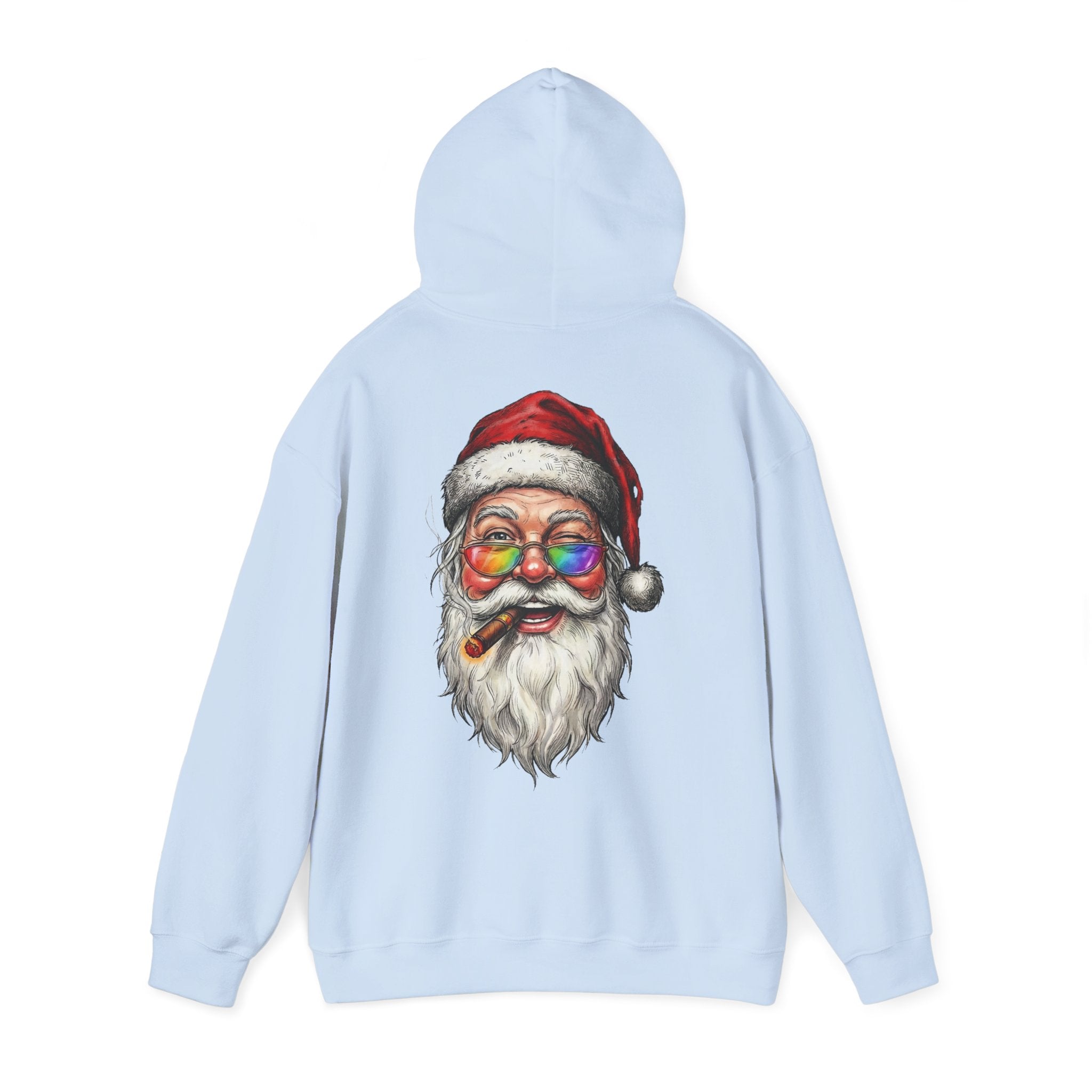 Friendly-Santa: Backprint, Unisex Hoodie, Rainbow Glasses Hoodie – Colorful Retro Christmas Sweatshirt