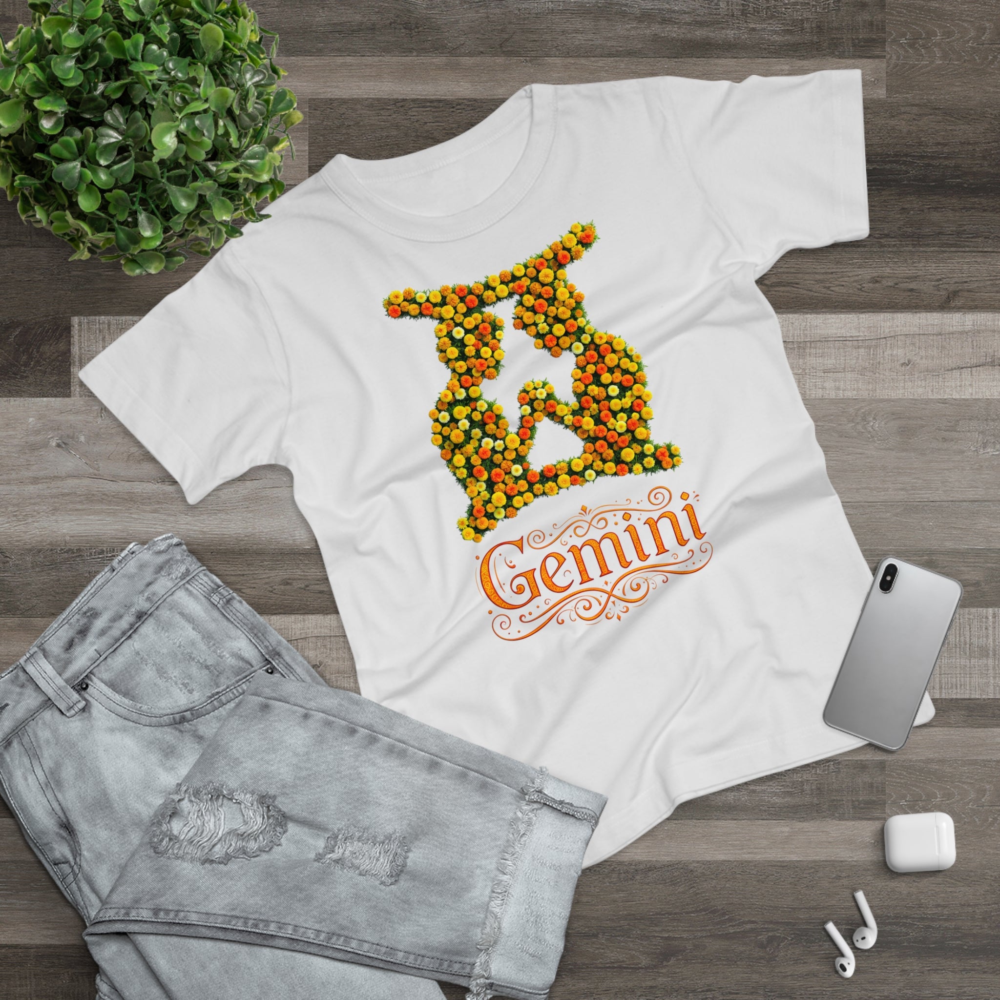 Zwilling: Frontprint, Womens' T-Shirt, florales Sternzeichen, Zodiac Astrologie (Gemini)