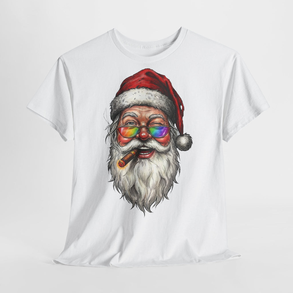 Friendly-Santa: Frontprint, Unisex T-Shirt, Colorful Retro Santa with Cigar Holiday Tee