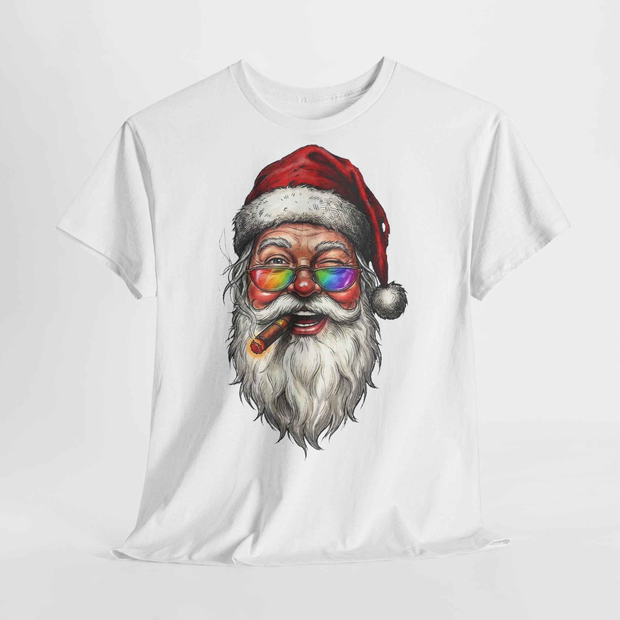 Friendly-Santa: Frontprint, Unisex T-Shirt, Colorful Retro Santa with Cigar Holiday Tee