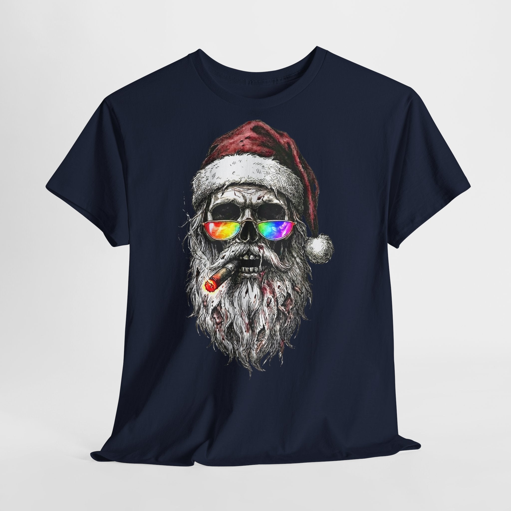 Dark-Santa: Frontprint, Unisex T-Shirt, Skull Graphic Tee Cool Santa with Rainbow Shades & Cigar, Holiday Christmas Shirt