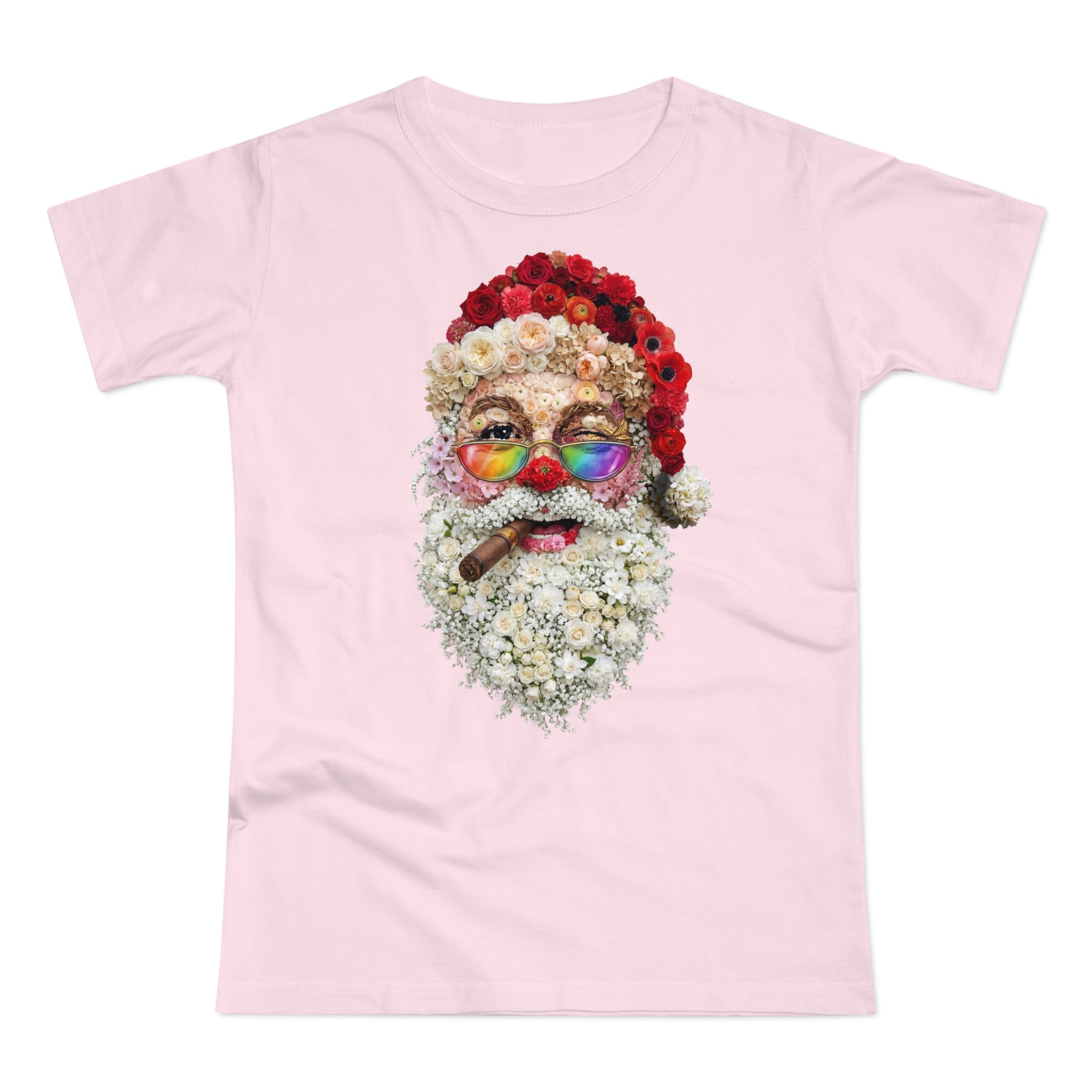 Blumen-Santa: Frontprint, Womens' T-Shirt, Rainbow Glasses & Cigar Holiday T-Shirt